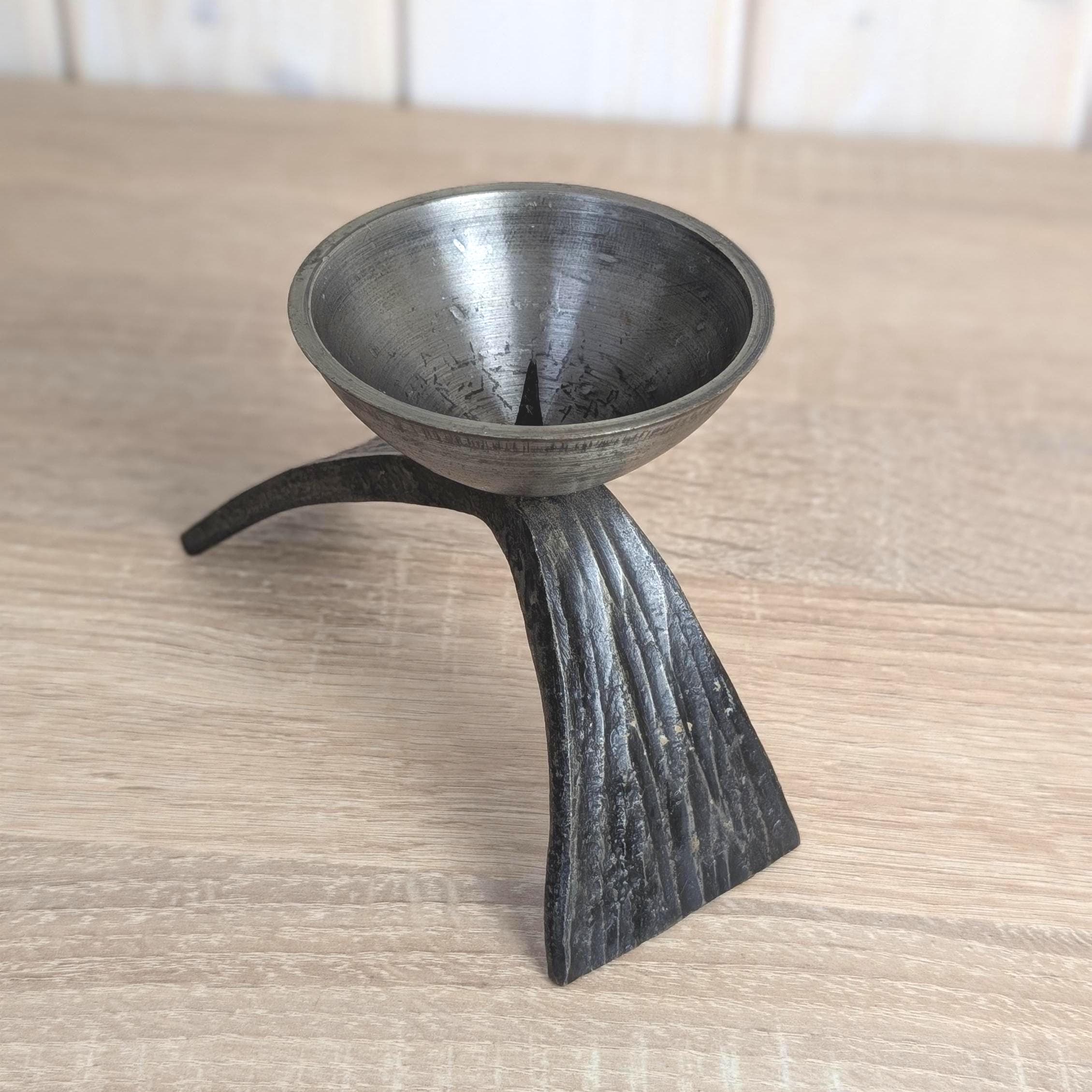 Brutalist Forged Iron Candleholder, Sculptural Two-Leg Base, Metal Cup, Mid Century Modern, 1960s