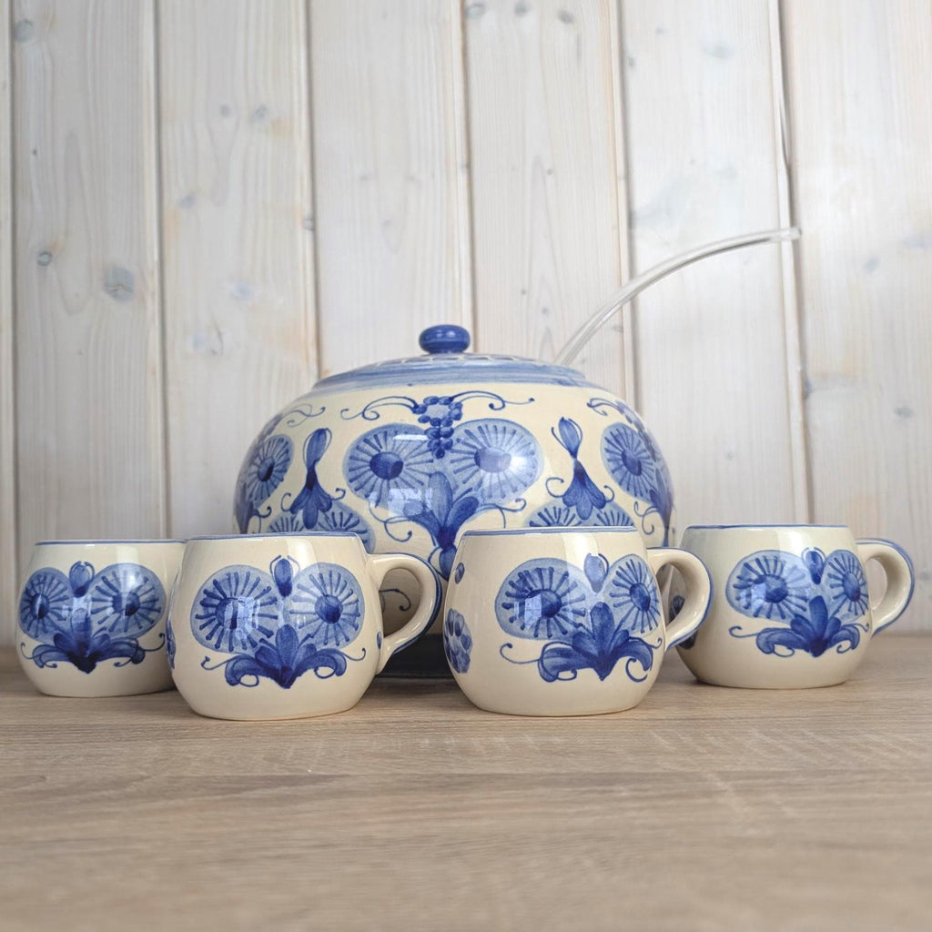 Allgäuer Keramik Altständten Punch Bowl Set, Blue White Folk Art, 6 Cups, Ladle, Handarbeit, 1970s German Studio Pottery