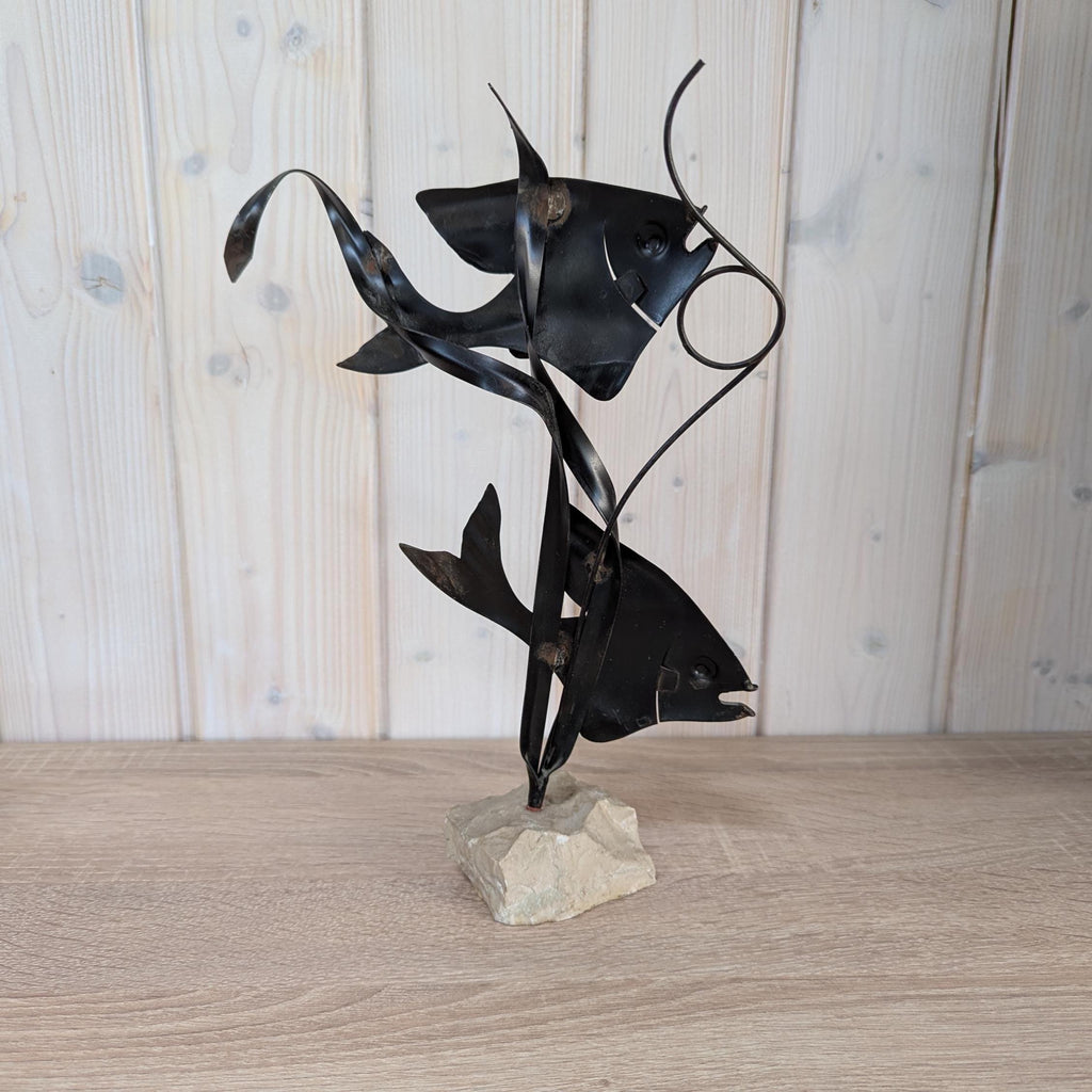 Sculpture 2 (Moon) Fishes on Stone - Vintage - Metal