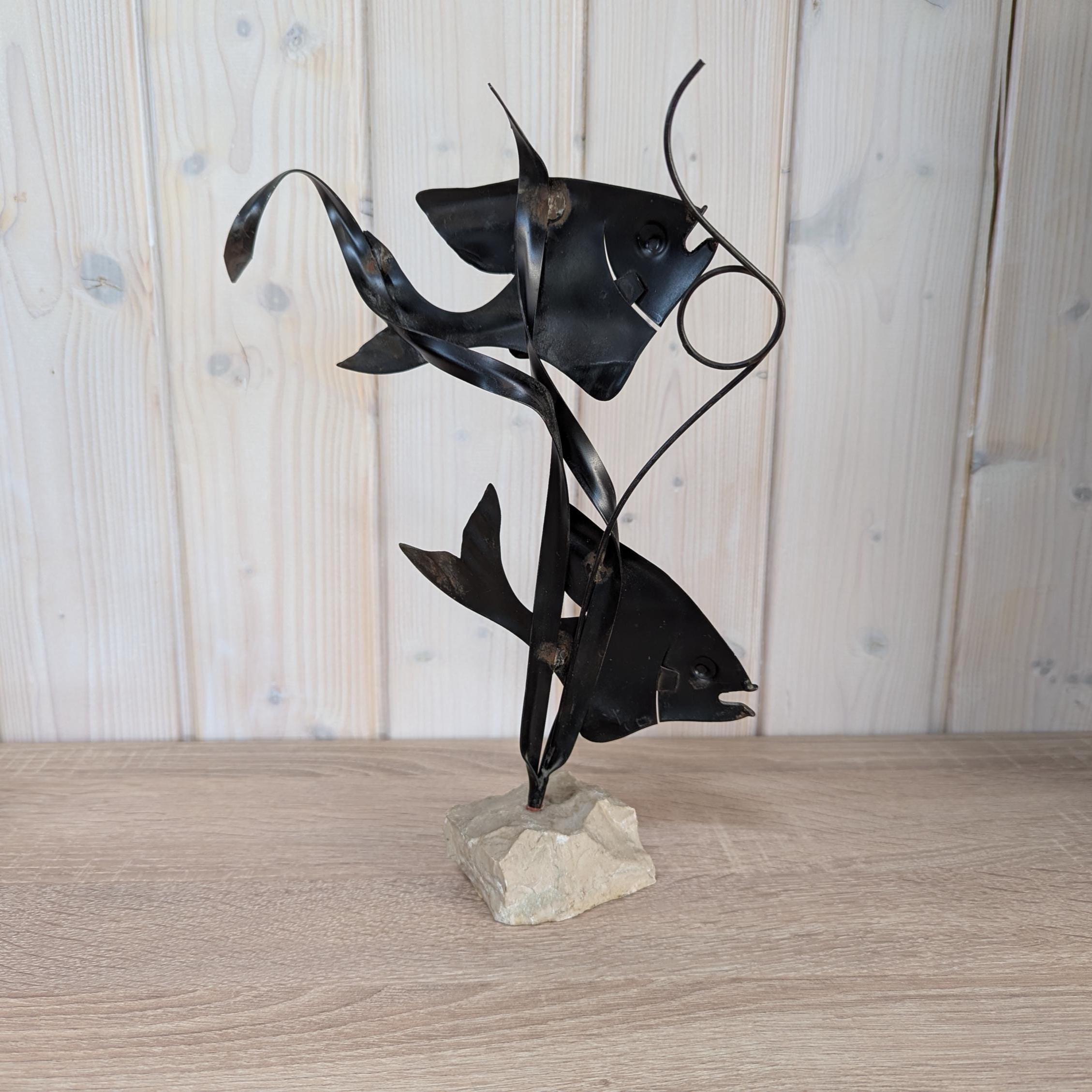 Sculpture 2 (Moon) Fishes on Stone - Vintage - Metal