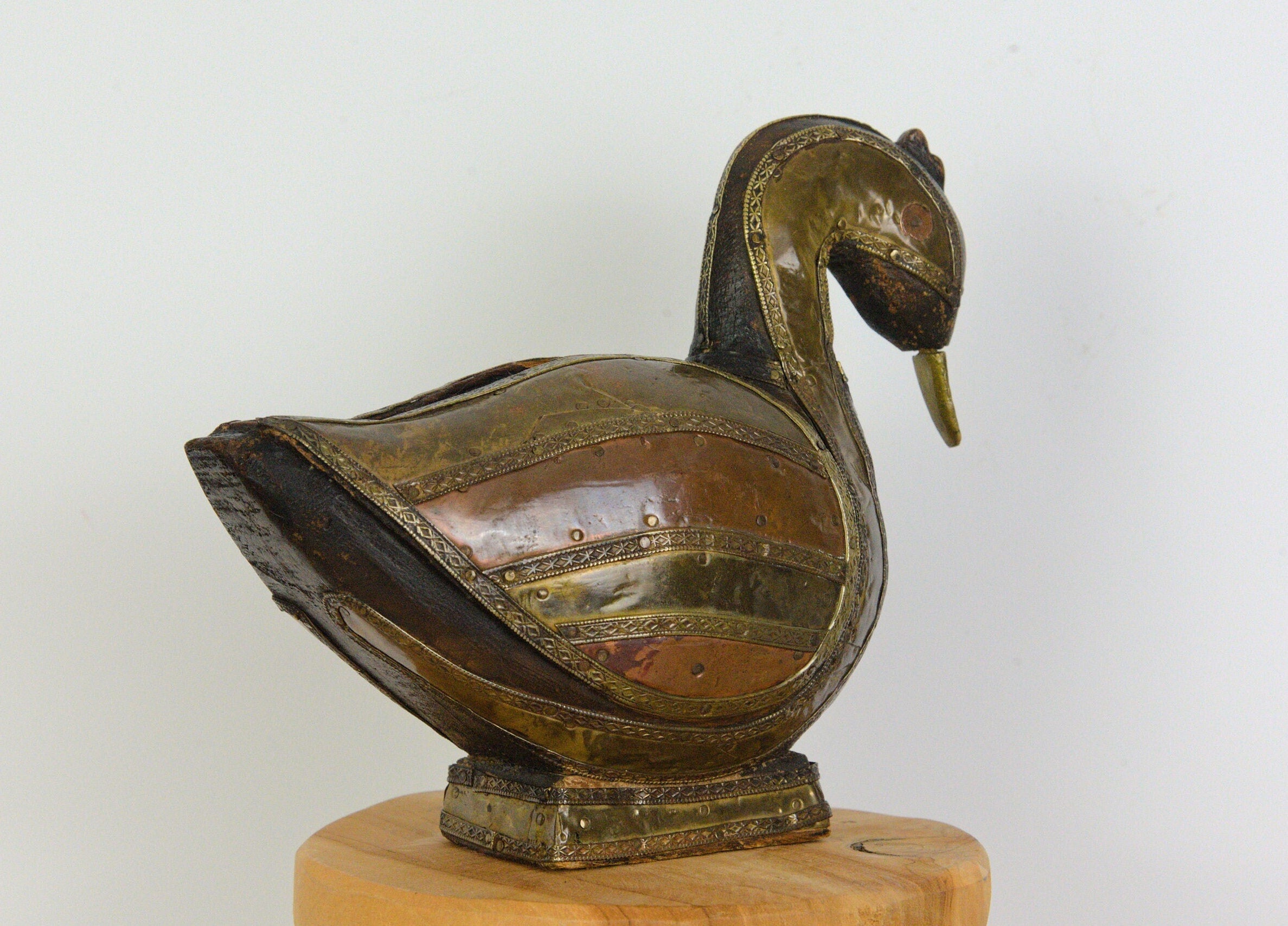 Vintage Wooden Duck Sculpture, Copper and Brass Inlay, Mid Century Decorative Bird, 1970s