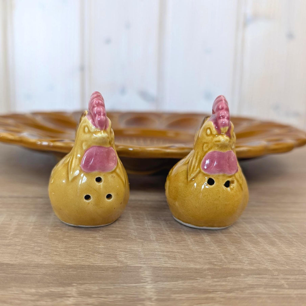 Hollóháza Hungary Egg Plate with Rooster Salt & Pepper Shakers, Amber Glaze, 1960s