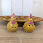 Hollóháza Hungary Egg Plate with Rooster Salt & Pepper Shakers, Amber Glaze, 1960s