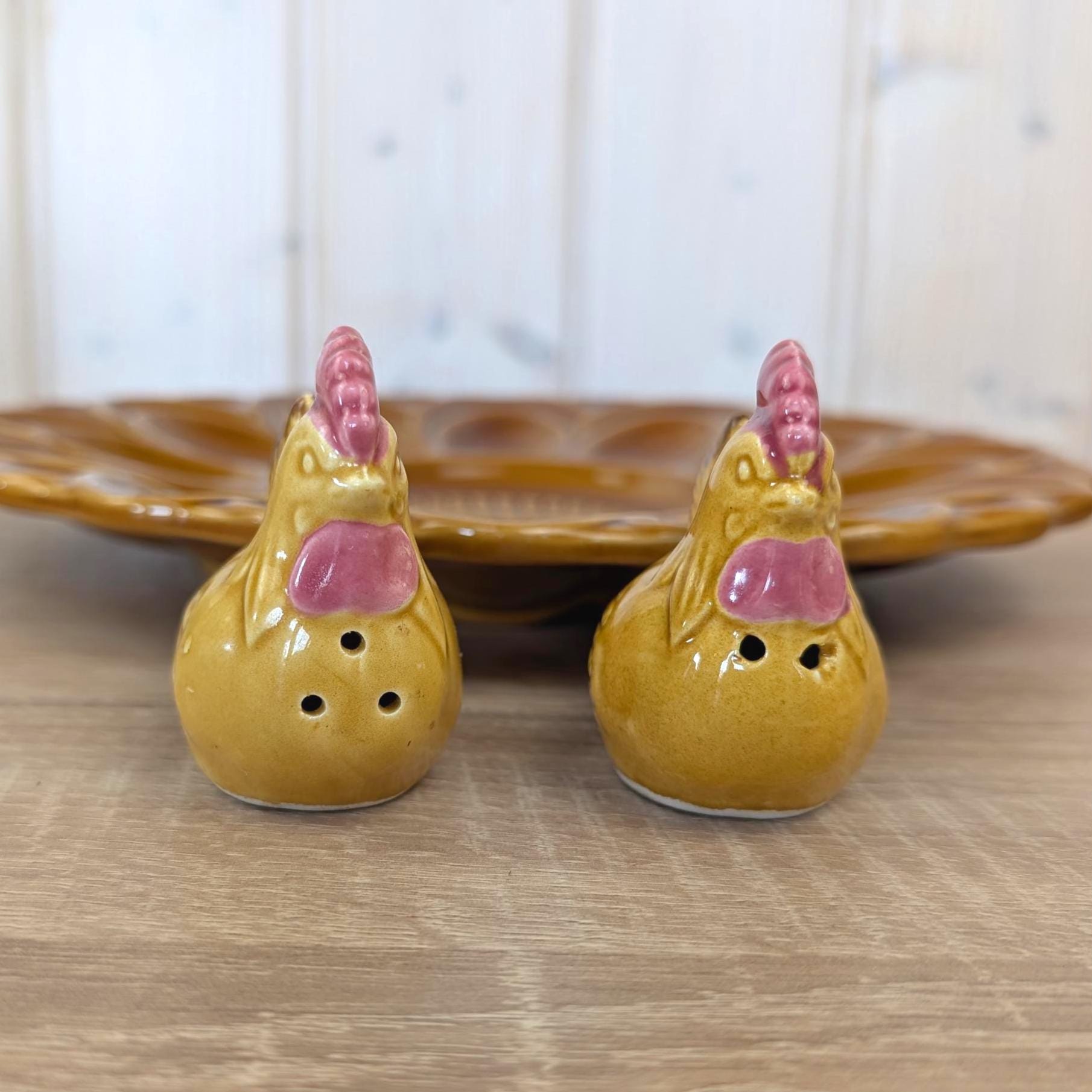 Hollóháza Hungary Egg Plate with Rooster Salt & Pepper Shakers, Amber Glaze, 1960s
