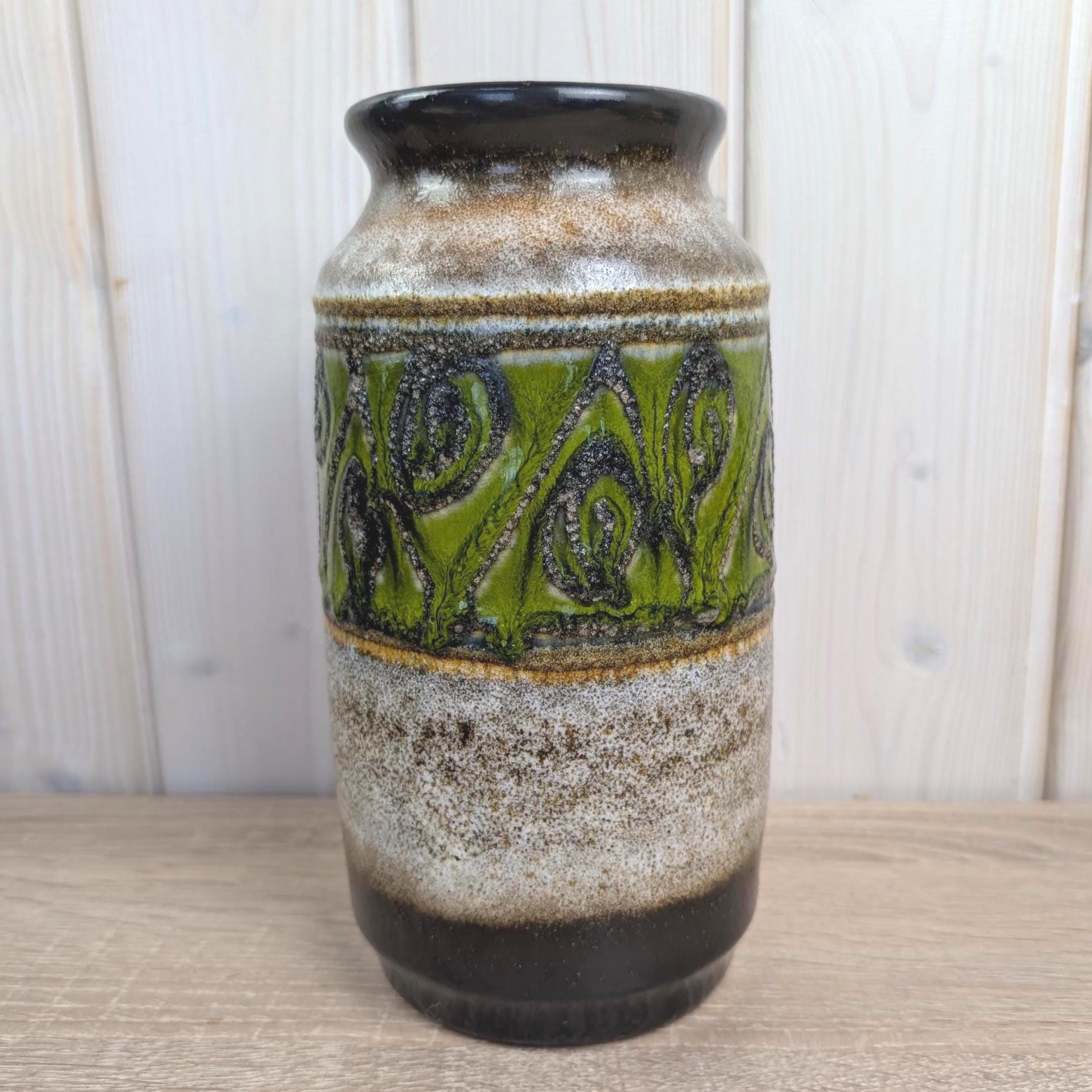 Jasba 905-10-22 West German Pottery Vase, Green Relief Band, Grey Black Glaze, 1960s