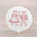 Vintage Alpine Folk Costume Doily Set, Linen Lace Coasters Tracht Couple, Austrian German Folk Art, 1960s
