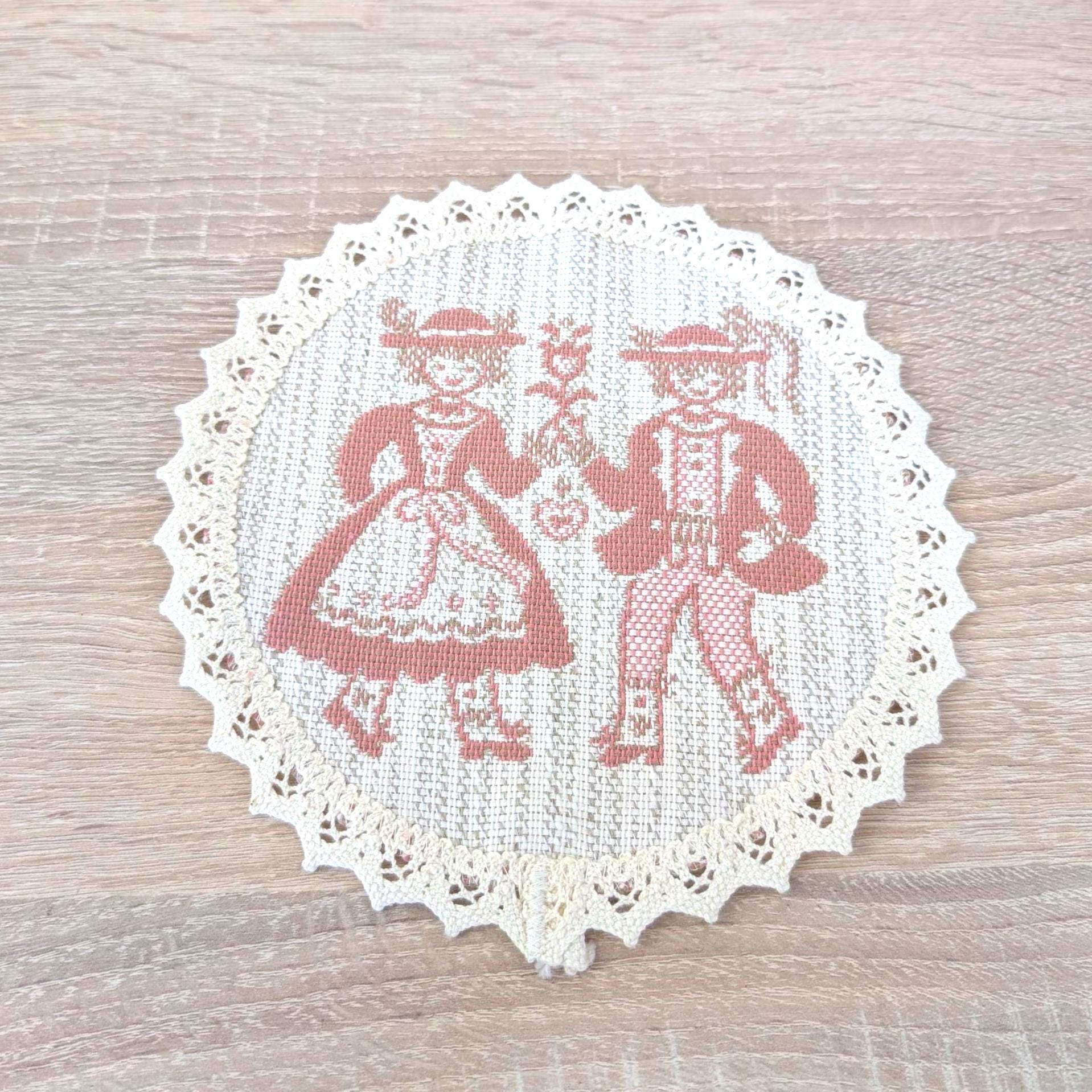 Vintage Alpine Folk Costume Doily Set, Linen Lace Coasters Tracht Couple, Austrian German Folk Art, 1960s
