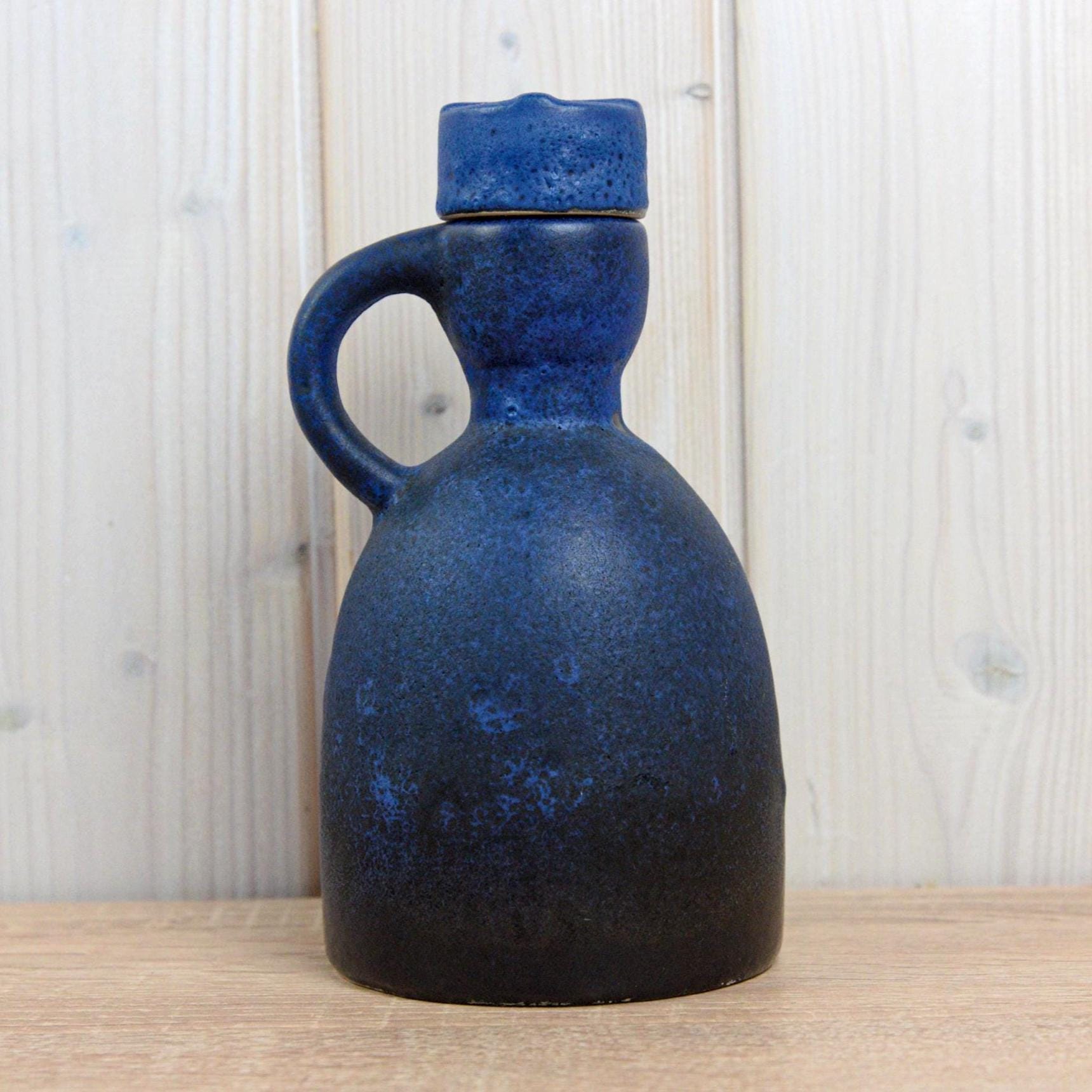 Ruscha 312 Vintage West German Pottery Jug with Stopper, Mid Century Blue Ceramic Bottle Vase