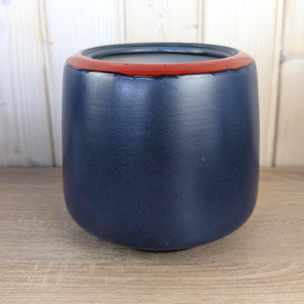 Van Daalen Pottery Ceramic Planter Vase, Navy Blue Matte Glaze, Red Rim, Model B II, 1970s West German Studio Pottery
