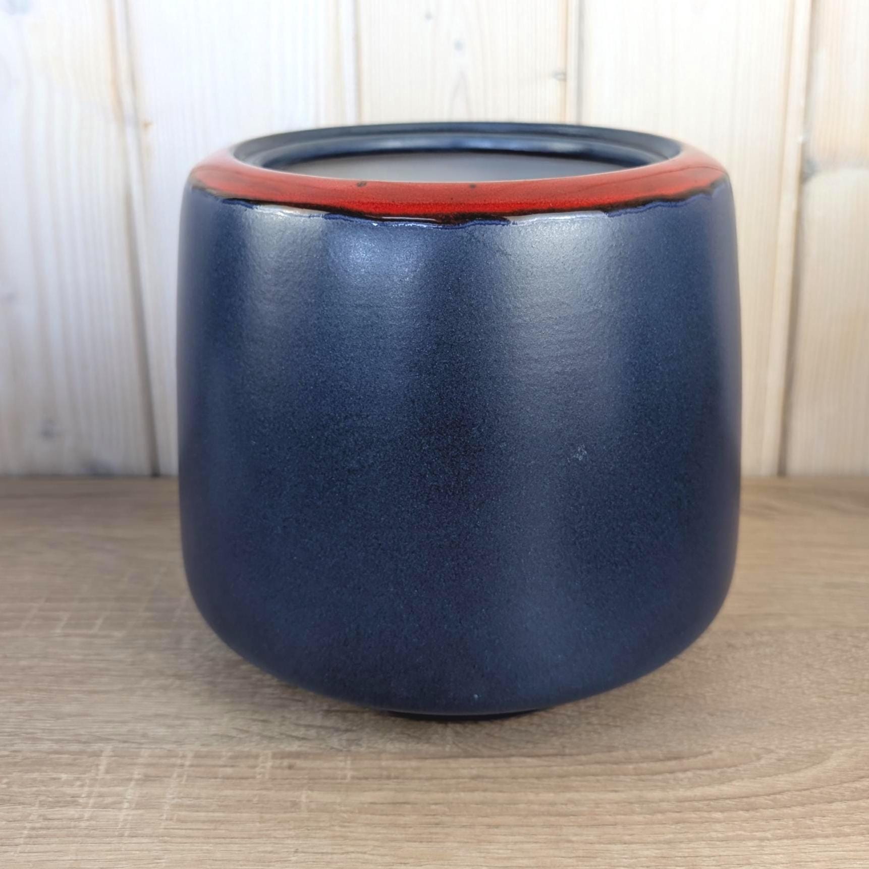 Van Daalen Pottery Ceramic Planter Vase, Navy Blue Matte Glaze, Red Rim, Model B II, 1970s West German Studio Pottery
