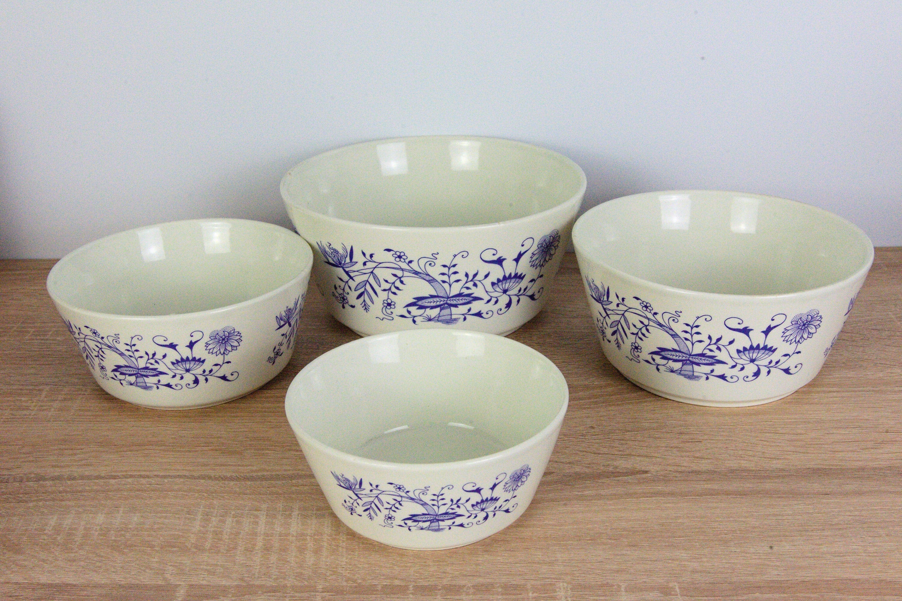 Ditmar Urbach Blue Onion Nesting Bowls Set of 4 Czechoslovakia Mid Century Ceramic
