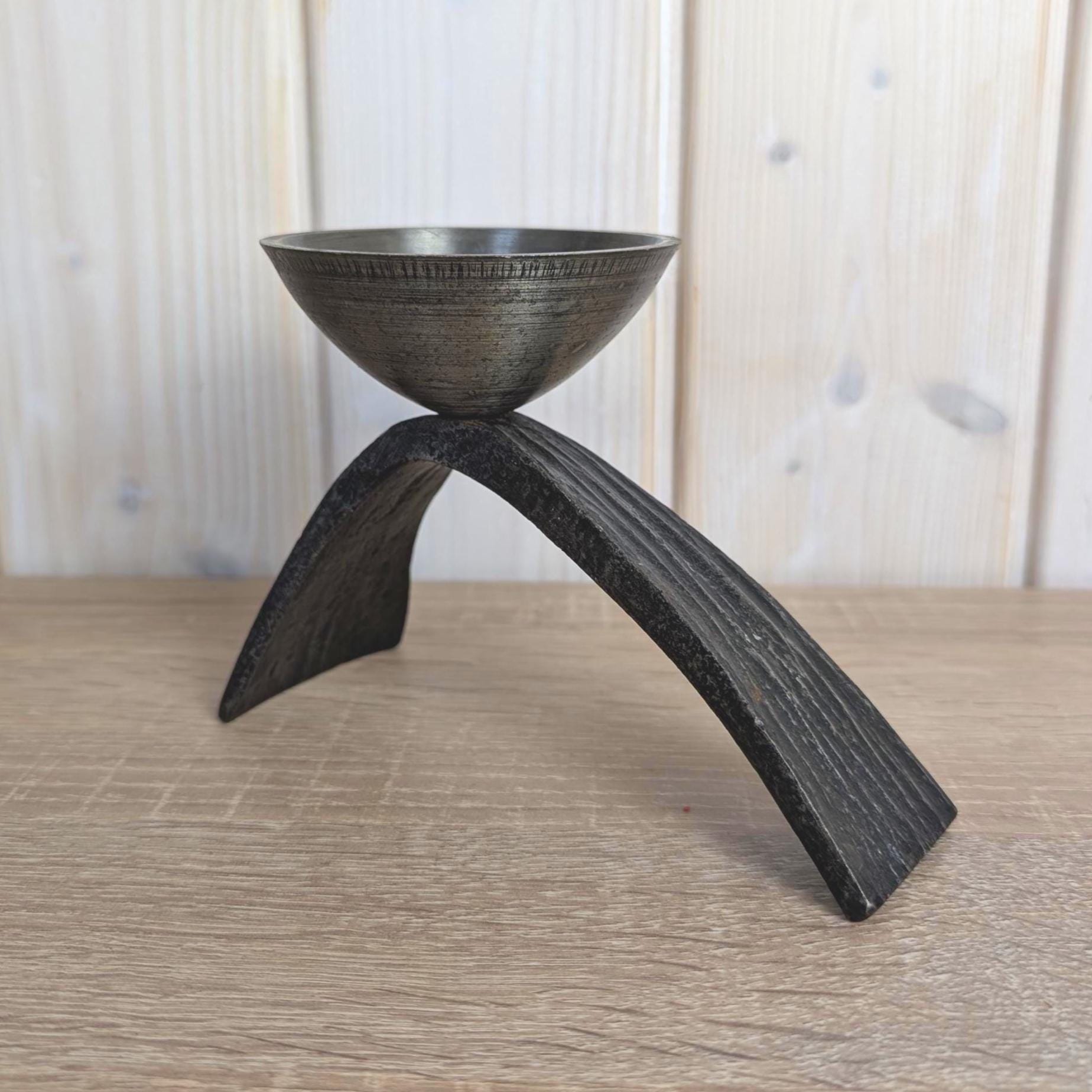 Brutalist Forged Iron Candleholder, Sculptural Two-Leg Base, Metal Cup, Mid Century Modern, 1960s