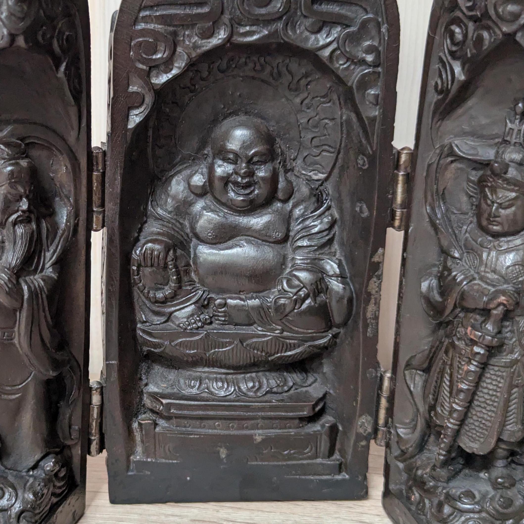 Handcarved Folding Travel Shrine: Chinese Buddha Altar, 20th Century Devotional Art