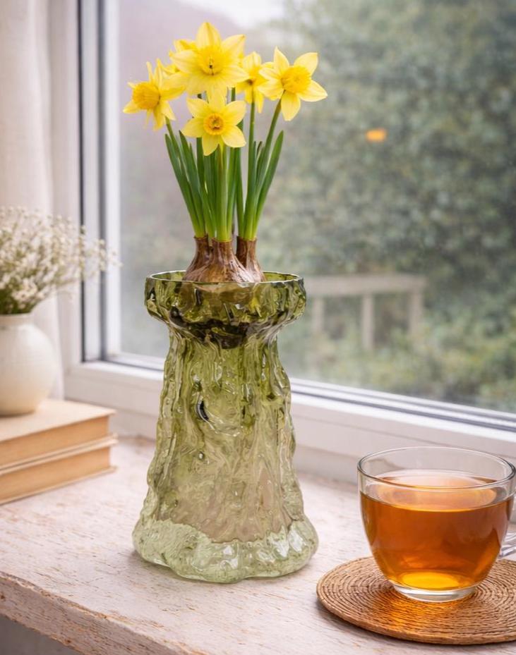 Vintage salbei green glass vase candleholder, Ingrid Glas, textured art glass, Germany, 1970s
