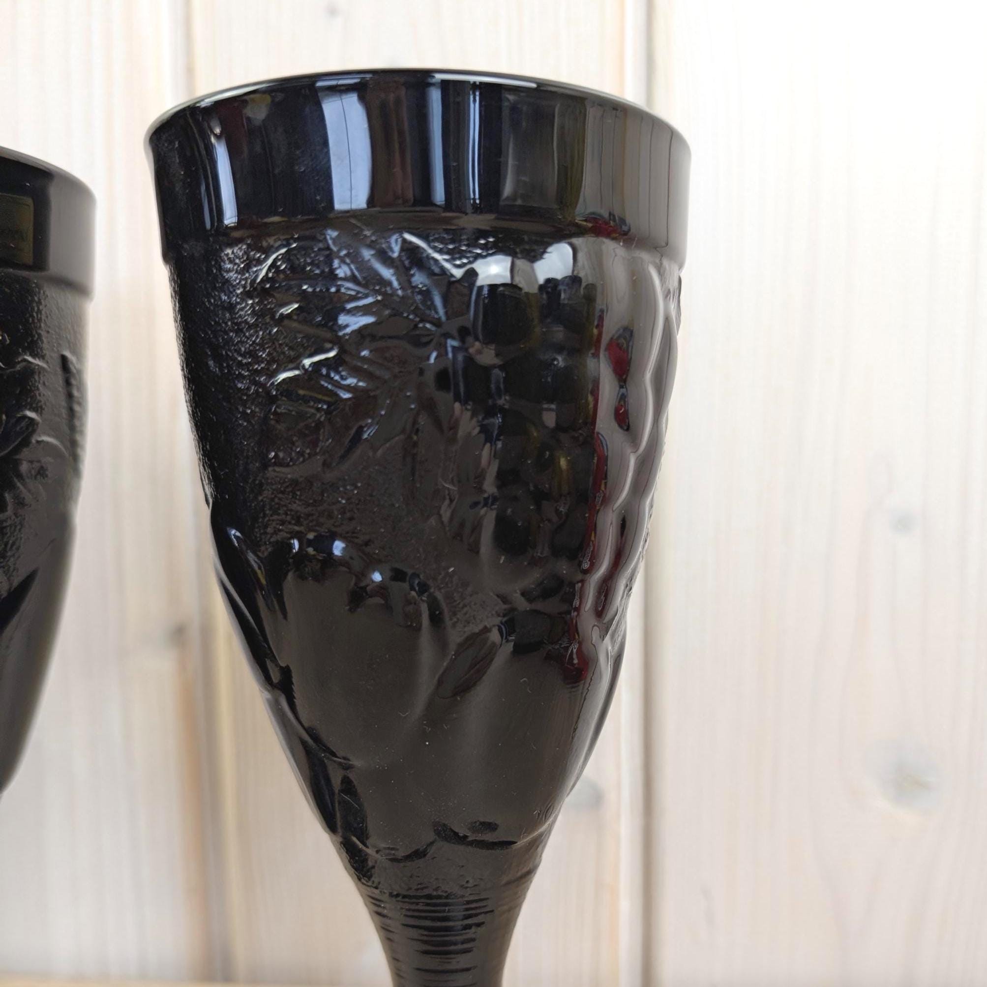Luminarc Black Glass Goblets, Set of 2, Embossed Fruit Motif, Made in France, 1970s Vintage Barware