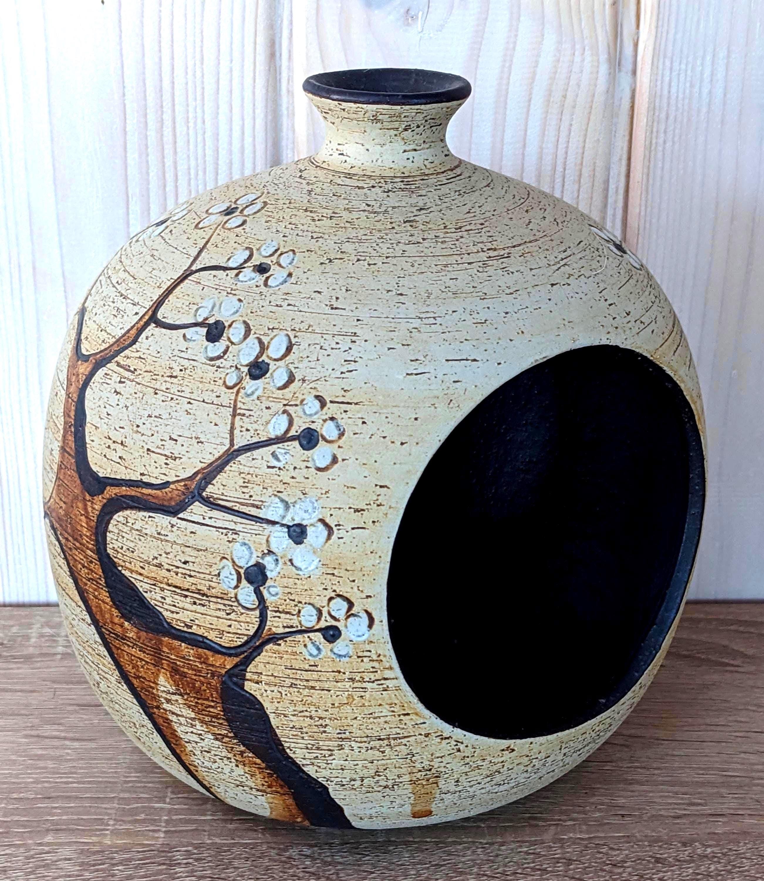 Handpainted Ceramic Tealight Holder Vase, Sgrafo Germany, Vintage 1970s