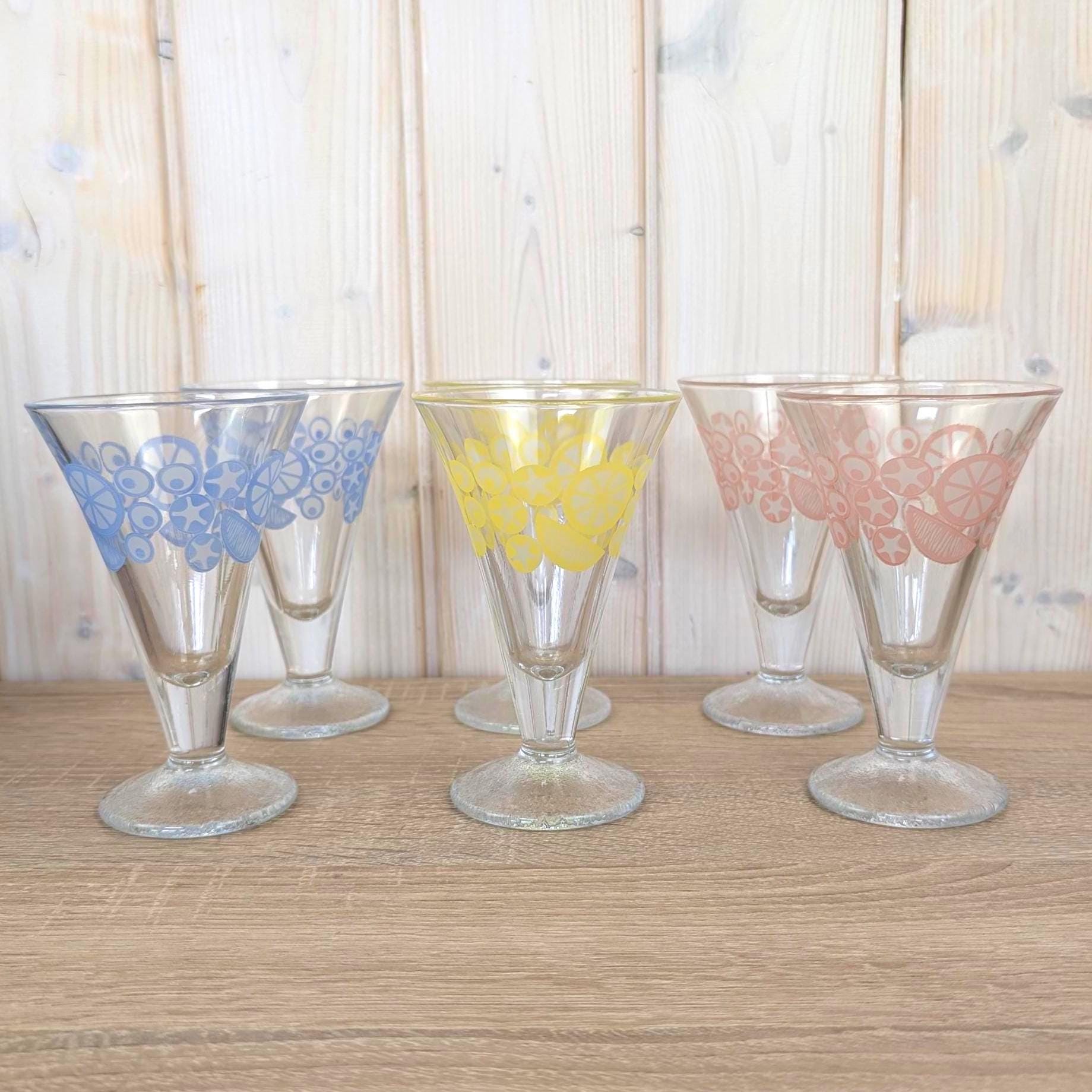 Vintage DDR East German Pastel Citrus Ice Cream Glasses Set of 6, Footed Sundae Glasses Blue Yellow Pink, 1950s 1960s Retro Barware