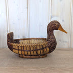 Vintage Wicker Duck Basket, Rattan Animal Figure Bowl, Folk Art Bread Fruit Tray, 1970s