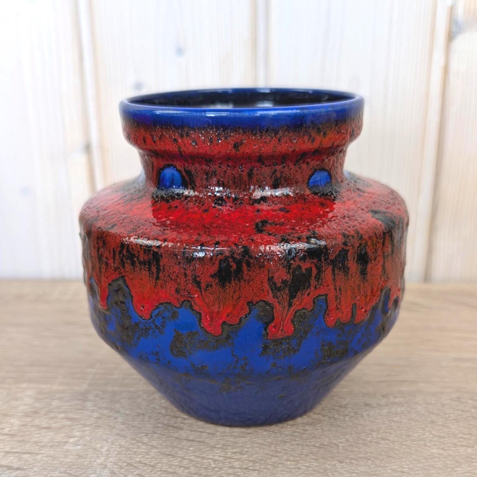 Bay Keramik Fat Lava Vase, Blue Red Drip Glaze, West Germany, Model 153-13, 1960s 1970s
