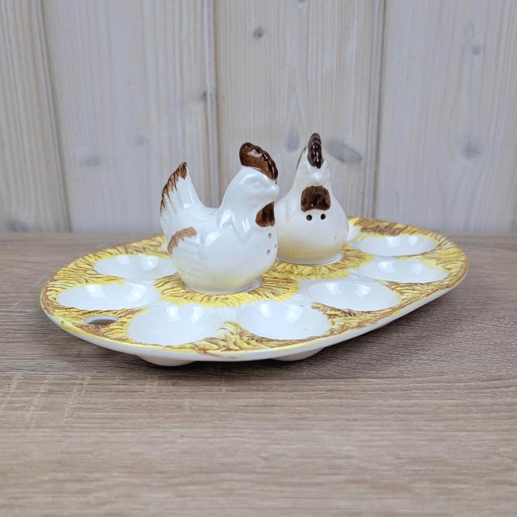Hen Nest Egg Plate with Chicken Salt Pepper Set, Vintage Farmhouse Easter Decor