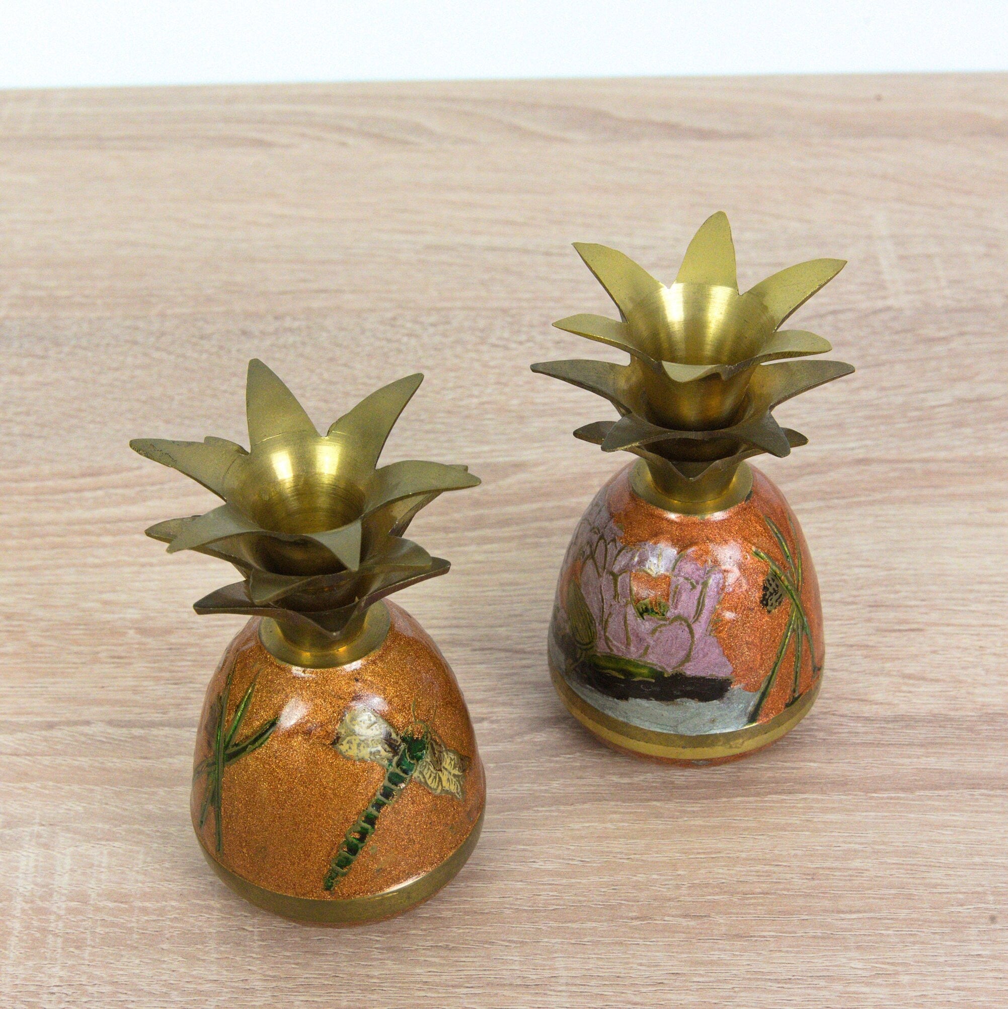 Adorable Cloisonné Pineapple Candle Holders - Vintage - Brass- Dragonfly & Flowers Enamel
