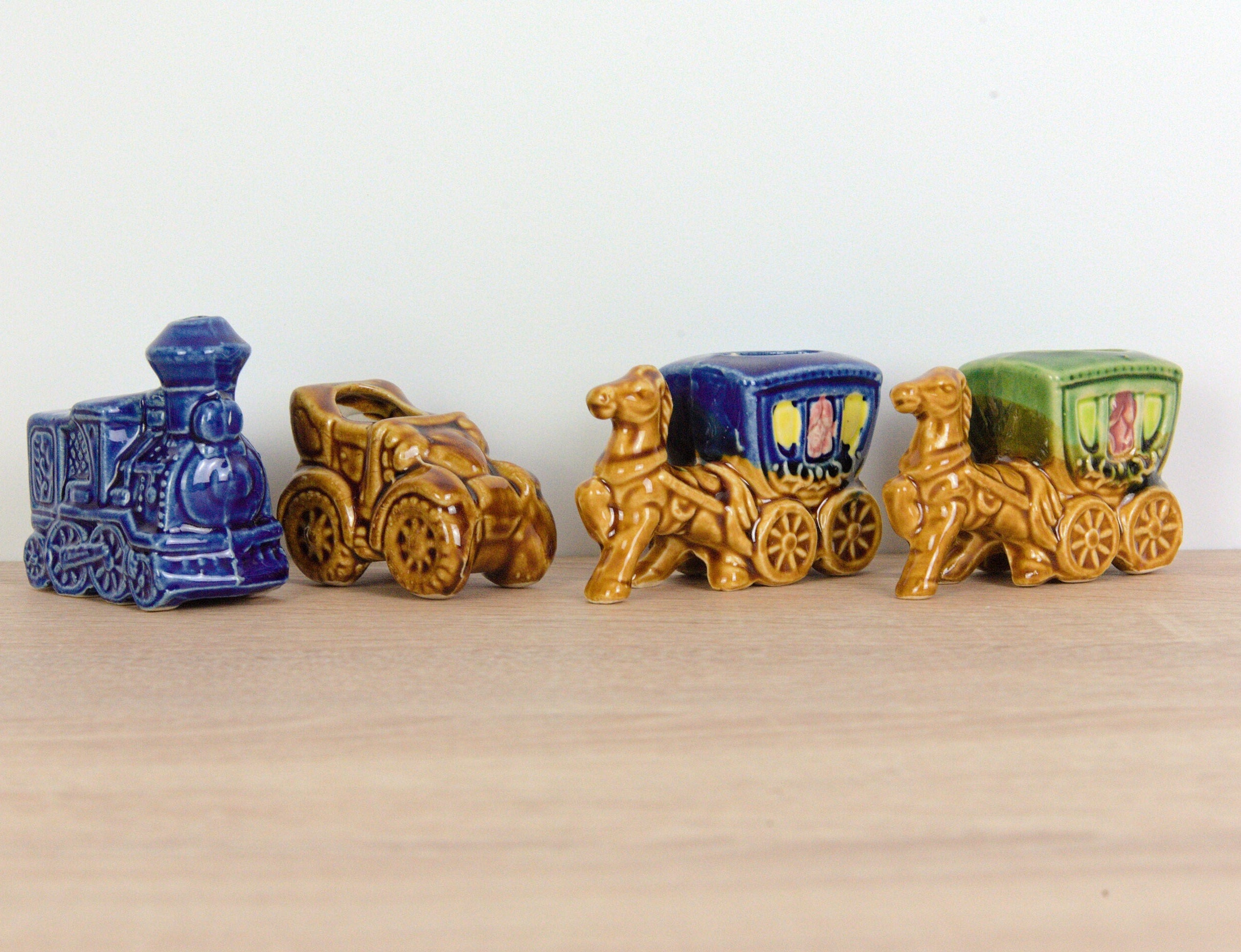 Vintage Ceramic Toothpick Holders: Train, Car, Horse-Drawn Carriages