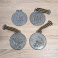German Pewter Wall Medallions Set of 4, Four Seasons Folk Art, Zinn Embossed Plaques with Ribbon Hanger, Vintage 1960s 1970s
