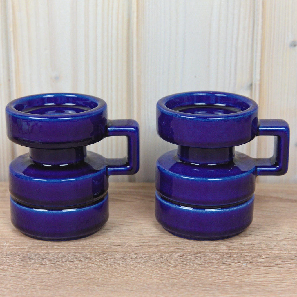 Cari Zalloni for Steuler, Set Cobalt Blue Candle Holders, Ceramic Pair, Germany, Vintage 1970s