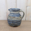 German Handarbeit Studio Pottery Jug, Blue Grey Combed Wave Decoration, Signed Stoneware Pitcher, 1970s