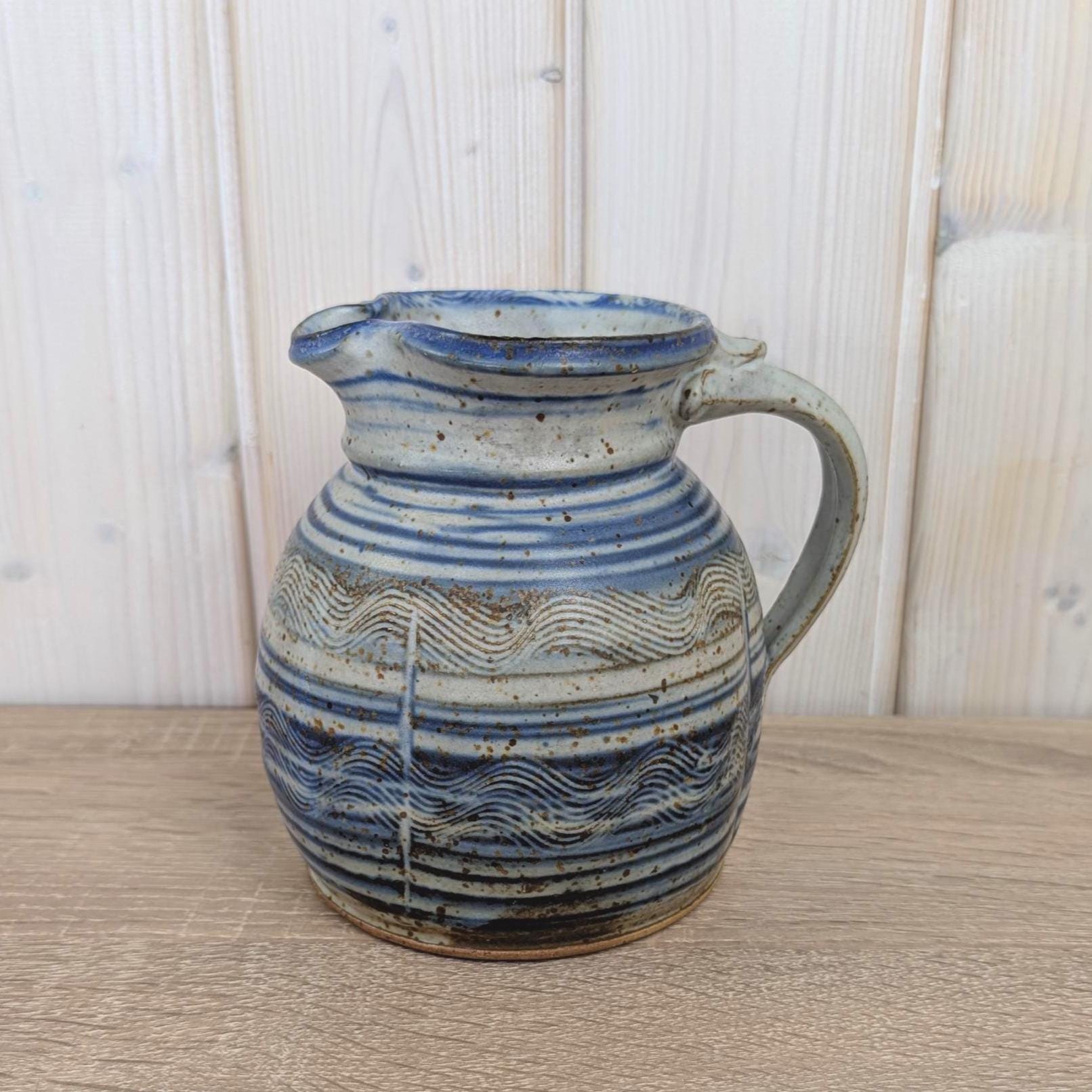 German Handarbeit Studio Pottery Jug, Blue Grey Combed Wave Decoration, Signed Stoneware Pitcher, 1970s