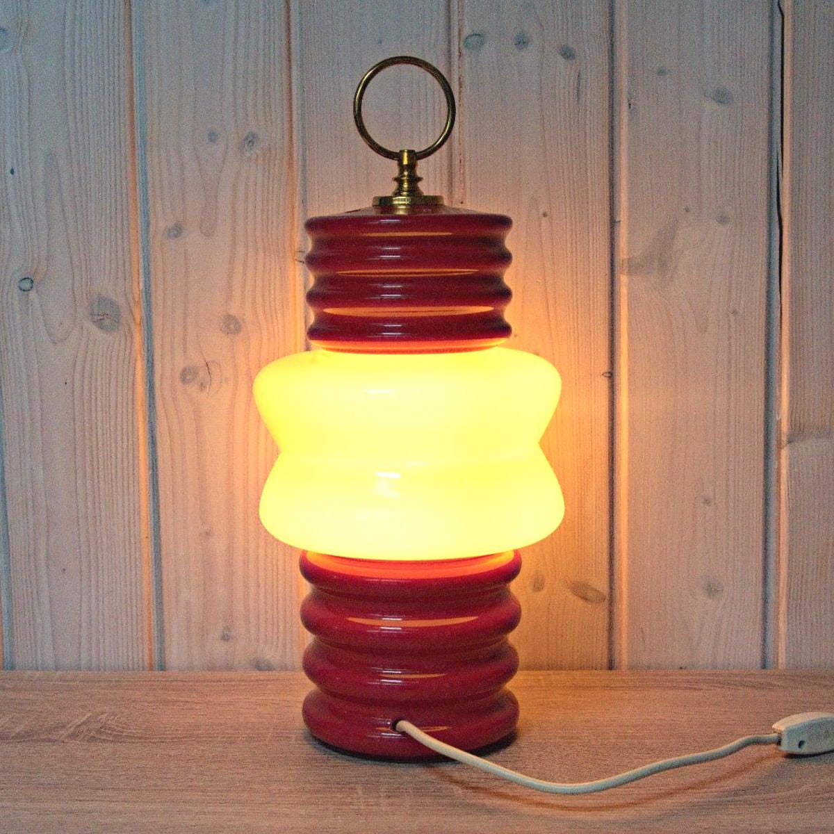 1960s Italian Ceramic Table Lamp Red Cream Milk Glass Space Age Attributed Ceramiche Fiorentine
