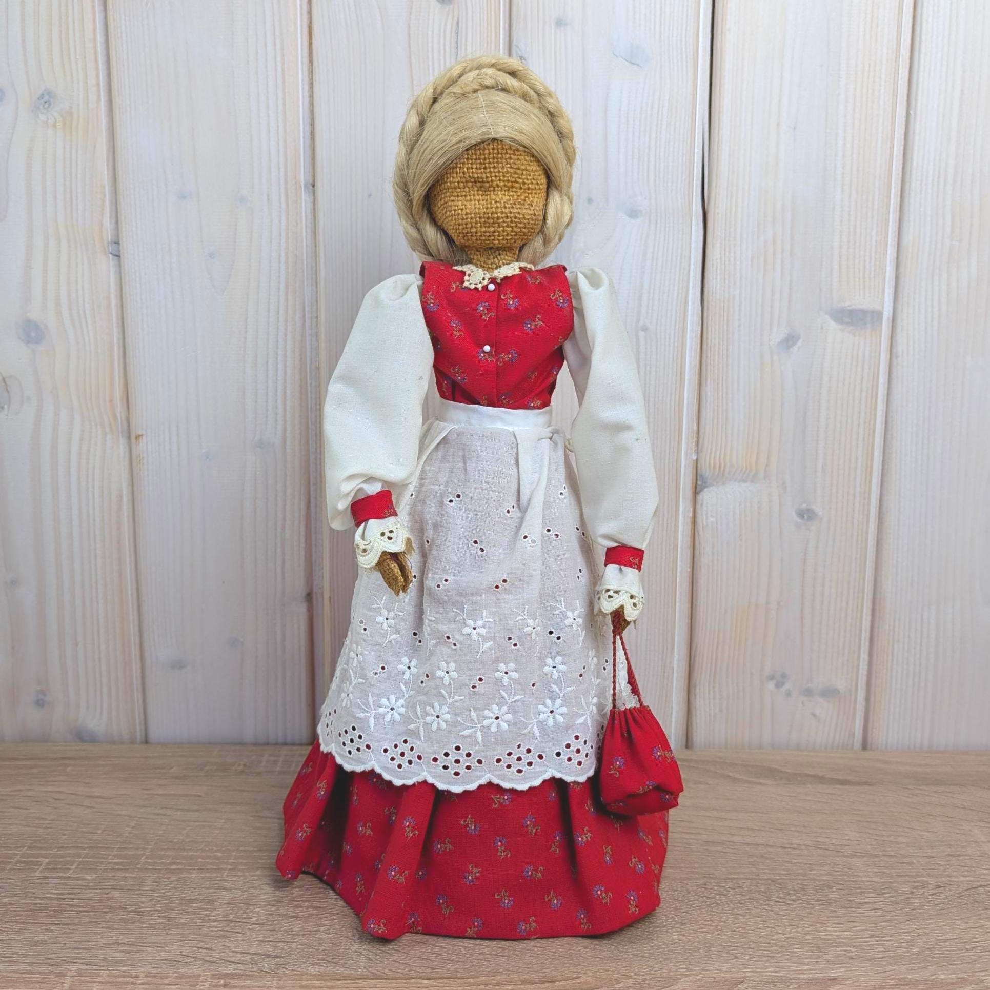 Vintage Folk Art Doll, Jute Cone Body, Red Floral Dress, Broderie Anglaise Apron, Braided Hair, 1960s, European Handmade Decorative Doll