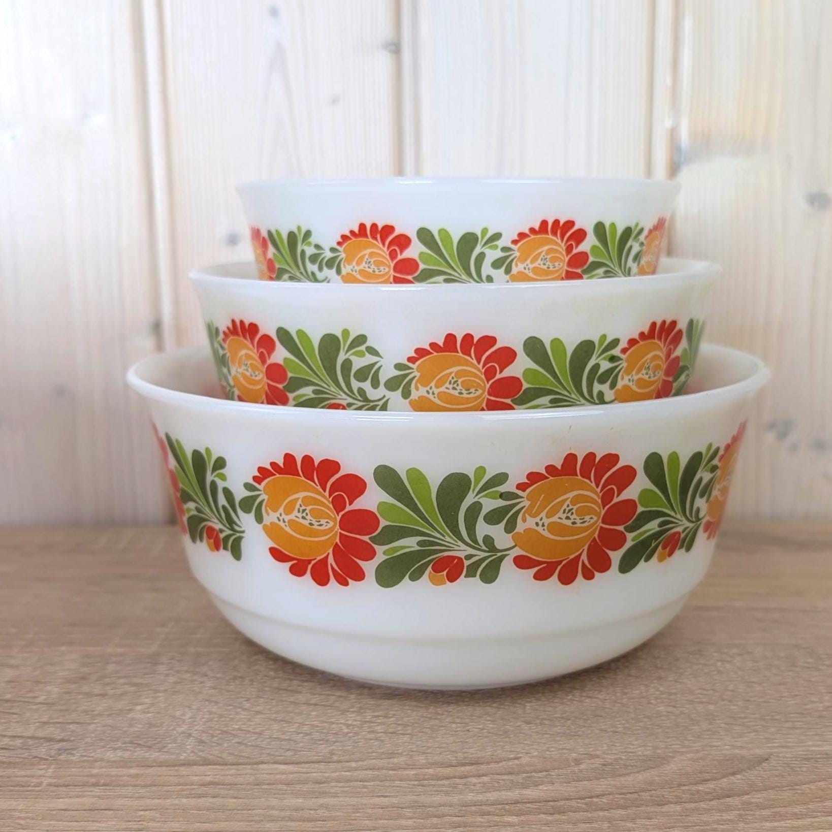 Schott Mainz Jenaer Glas Nesting Bowl Set, Milk Glass, Floral Folk Pattern, Set of 3, West Germany, 1970s
