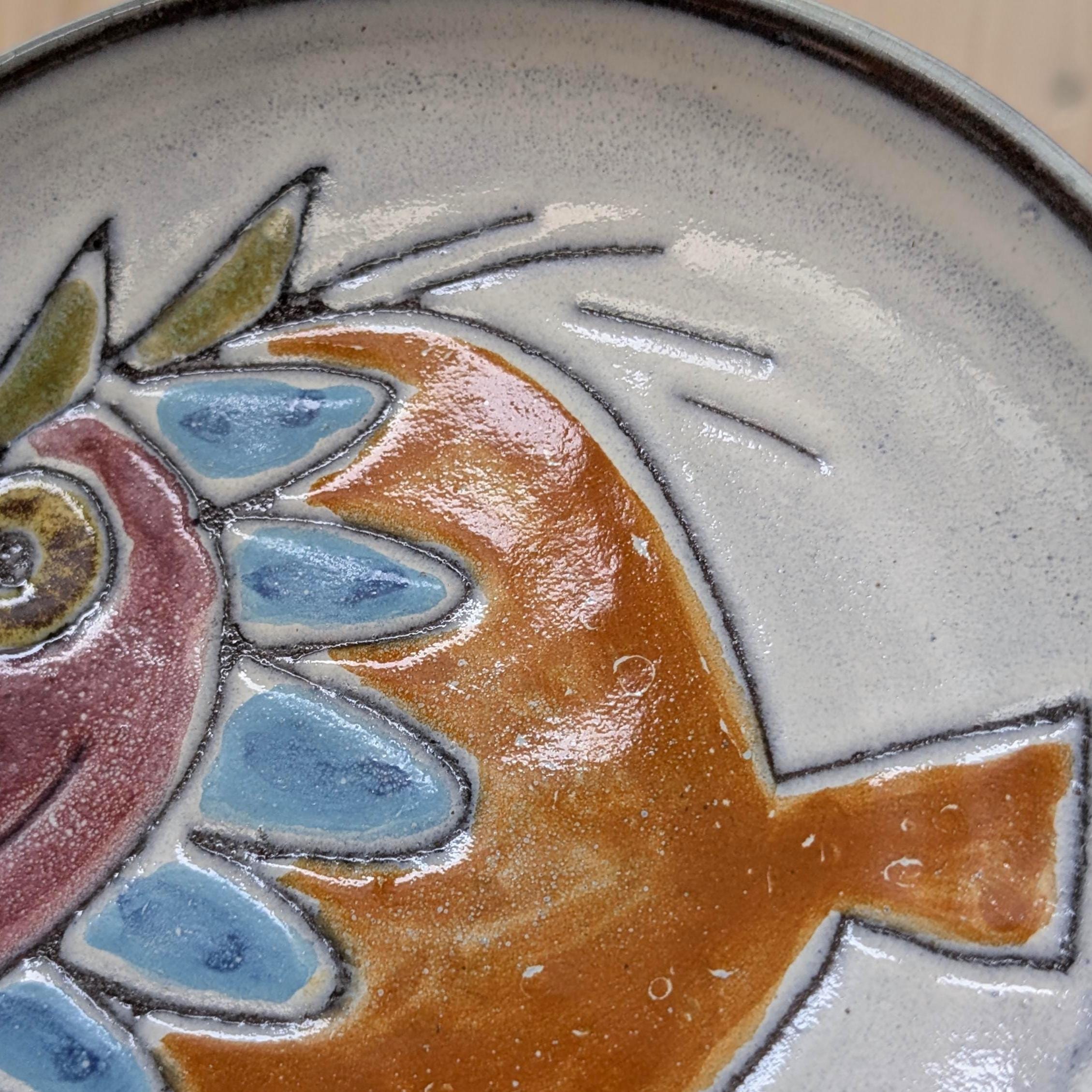José Serigado Portugal Ceramic Fish Dish, Vintage 1970s Hand-Painted Signed Studio Pottery Alcobaca, Ring Dish Trinket Bowl Wall Decor