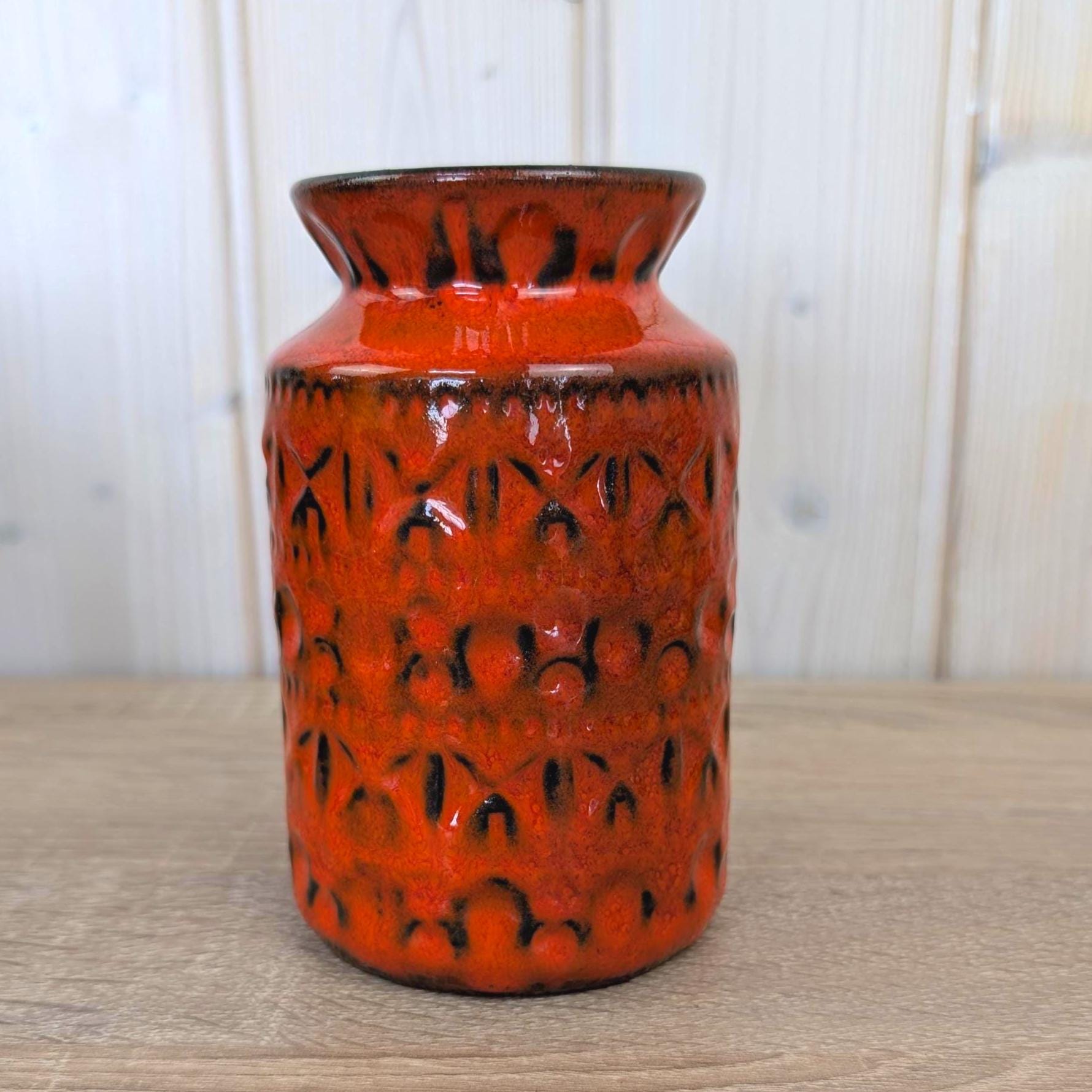Bay Keramik Relief Vase 503-14, Red Orange Black, West Germany, 1960s