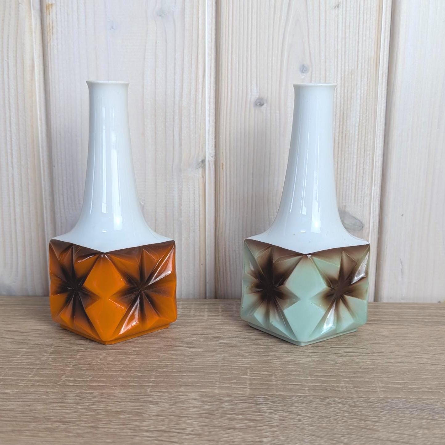Schumann Arzberg Bavaria Porcelain Bud Vase, Geometric Star Relief, White Neck, 1960s West German Porcelain, Your Choice of Color