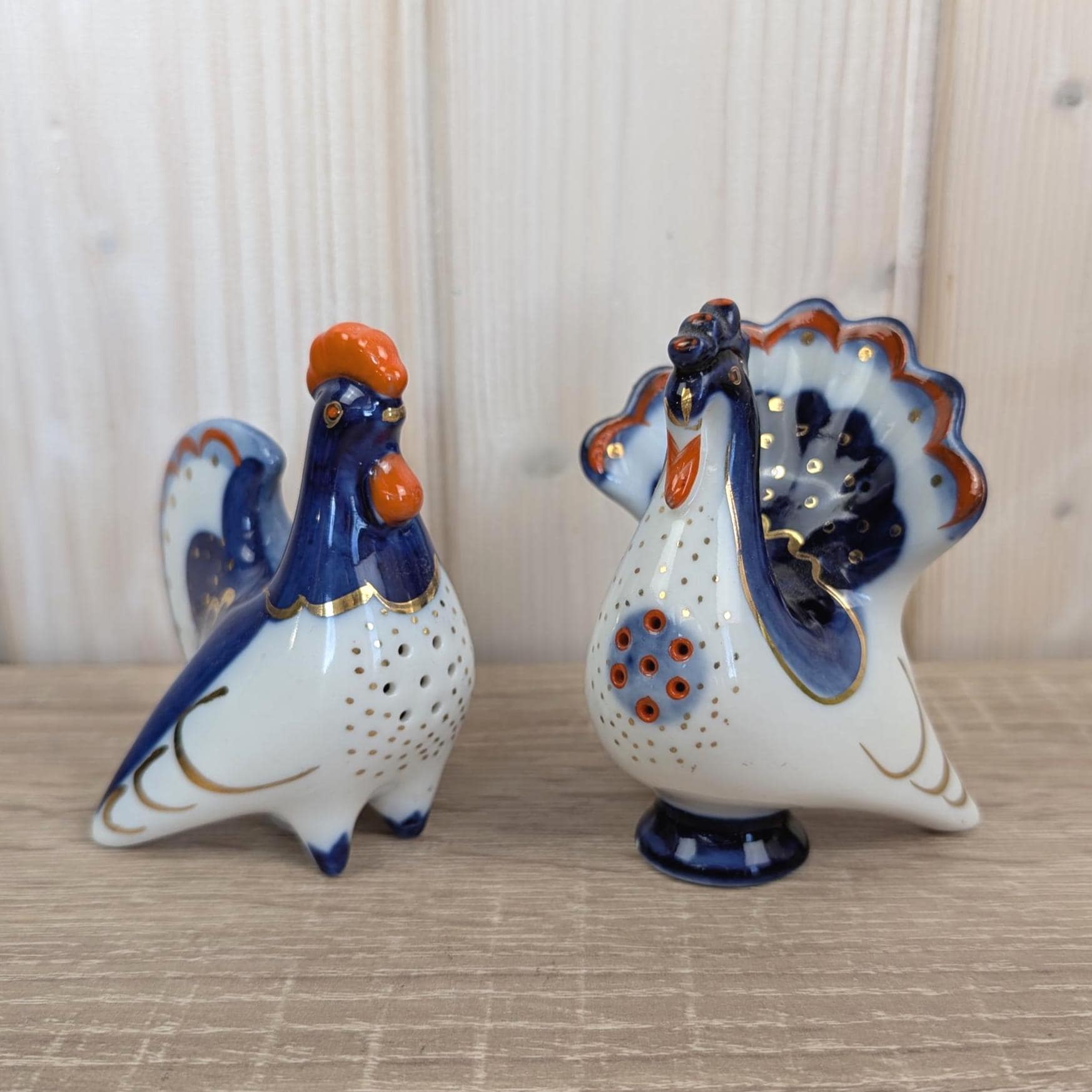 Hand Painted Rooster Peacock Figurines, Porcelain Animal Set, Lomonosov USSR, 1970s Vintage