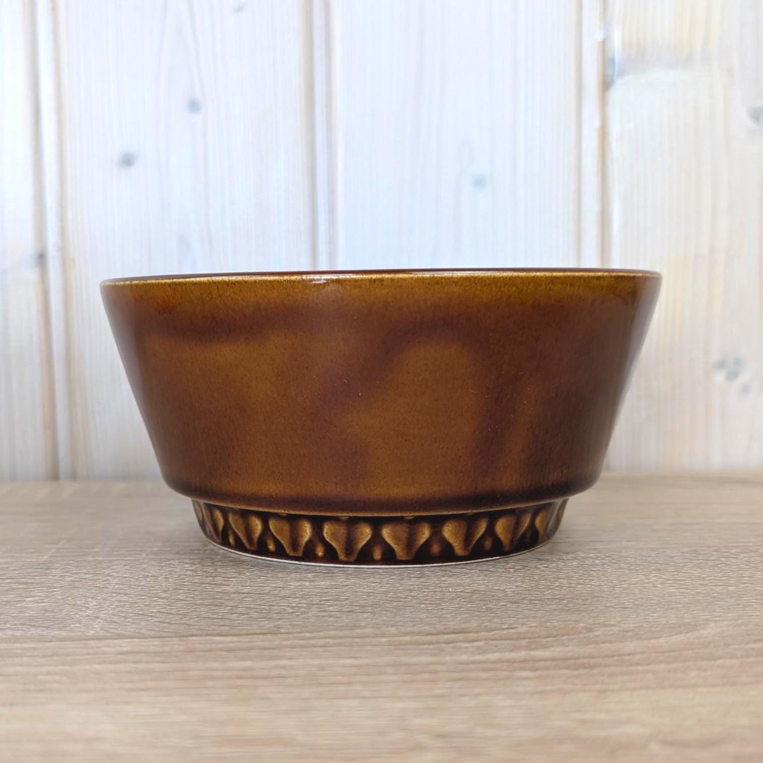 DDR GDR Heike Stoneware Nesting Bowl Set of 4, Amber Brown Glaze, Relief Base, East Germany, Torgau, 1970s