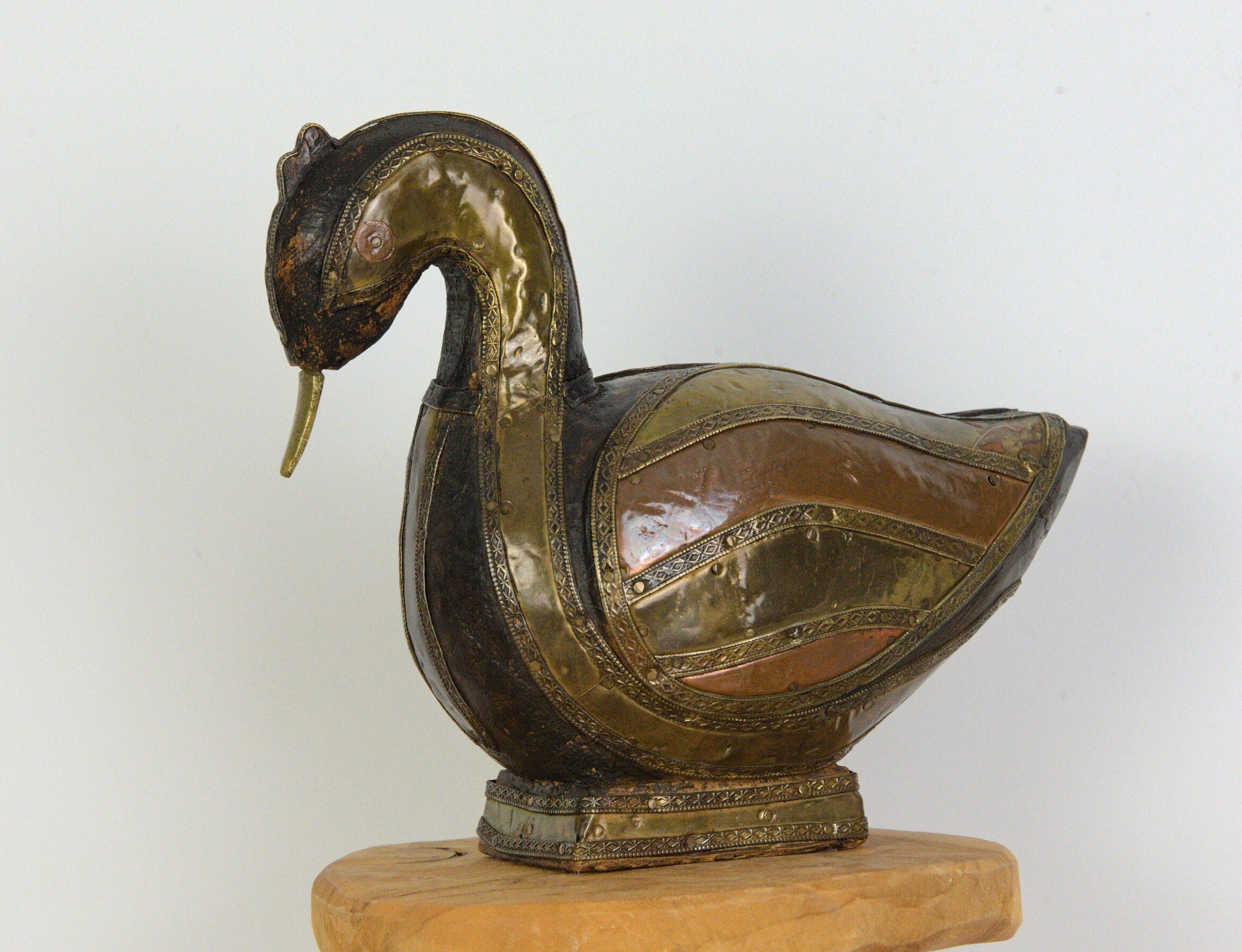Vintage Wooden Duck Sculpture, Copper and Brass Inlay, Mid Century Decorative Bird, 1970s