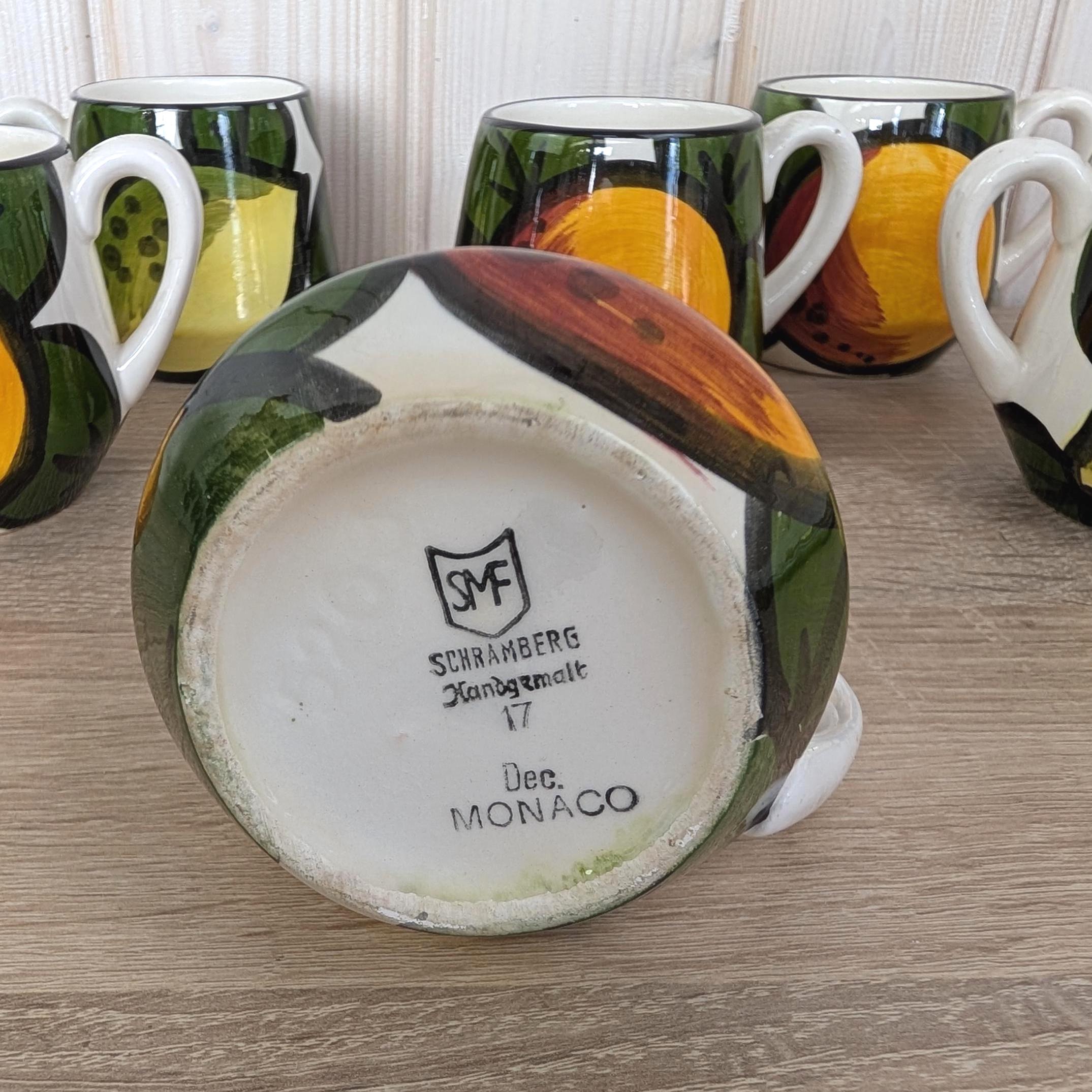 Schramberg Monaco Fruit Mugs Set of 6, Vintage German Ceramic Coffee Cups, 1970s