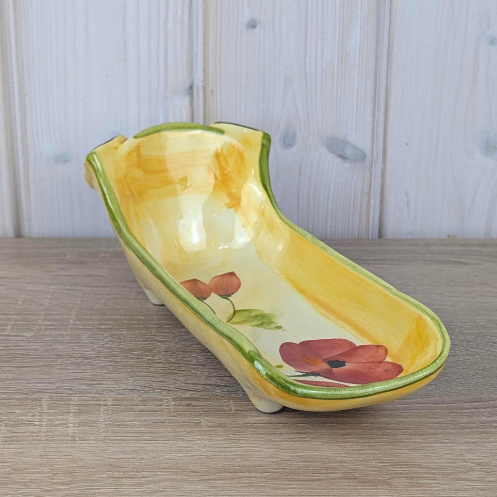 French Ceramic Pig Dish, Fait Main Handmade, Yellow Glaze Red Poppy, TDF Pottery, Quirky Folk Ceramic Tray, 1970s 1980s