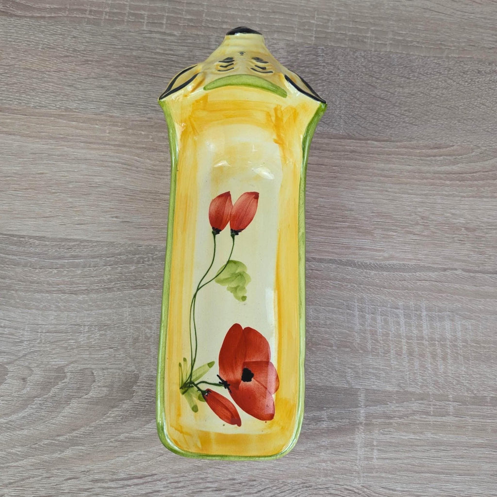 French Ceramic Pig Dish, Fait Main Handmade, Yellow Glaze Red Poppy, TDF Pottery, Quirky Folk Ceramic Tray, 1970s 1980s