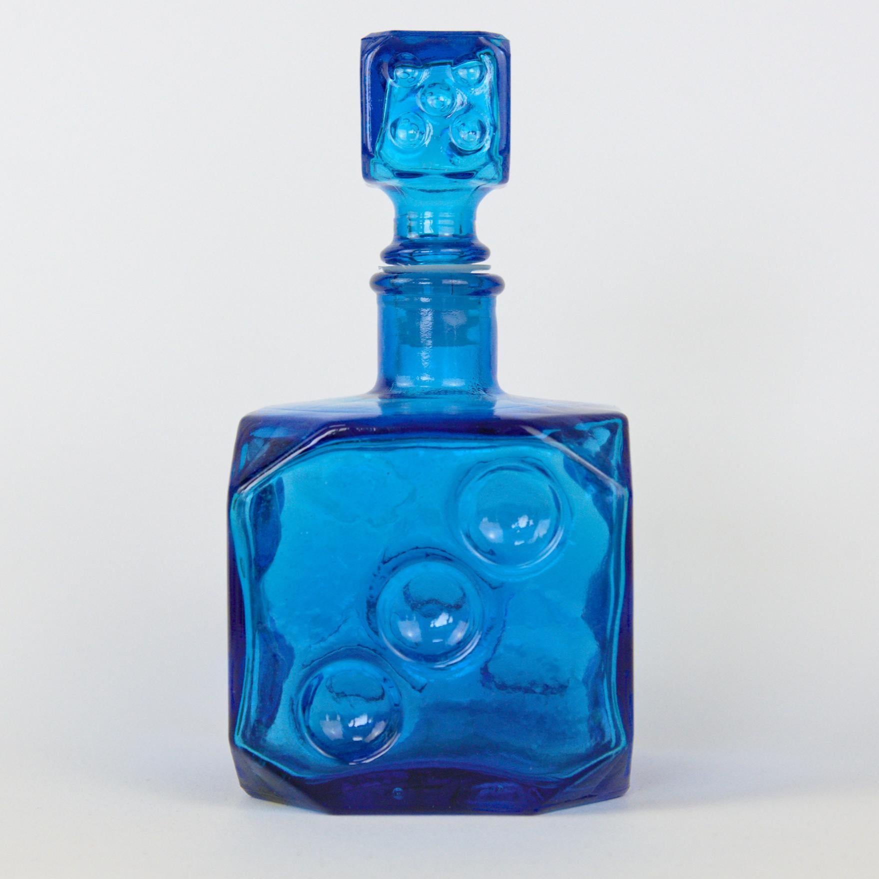 Empoli Italian Blue Glass Decanter, Cube Form, Bubble Relief, Dice Stopper, 1960s Mid-Century Art Glass Italy