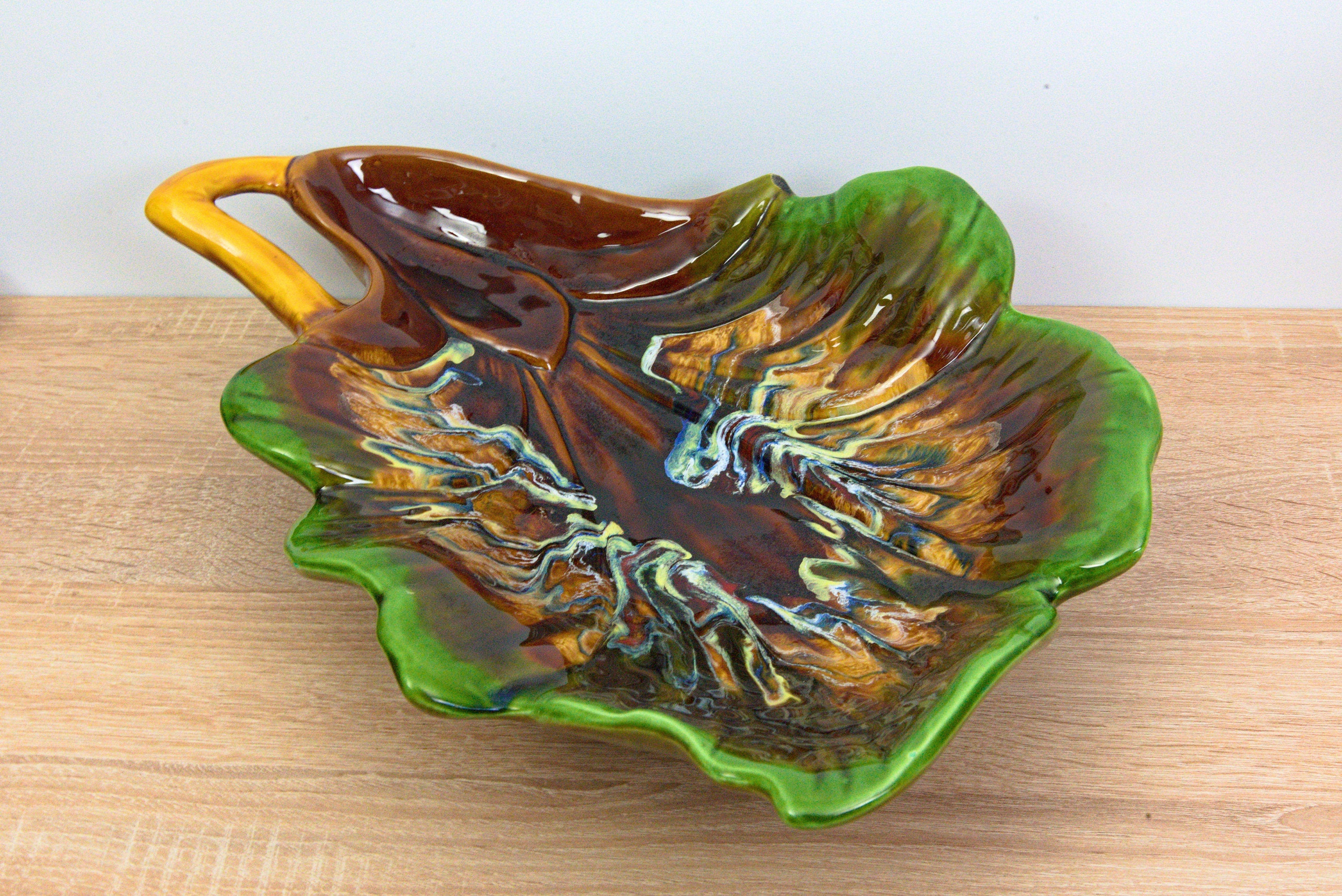XXLarge Vallauris Ceramic Dish - Multicolored Leaf - France - Vintage