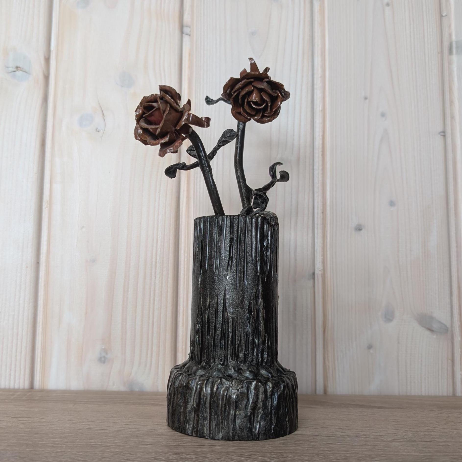 Hand Forged Metal Roses in Vase, Vintage European Blacksmith Art, 1970s Decorative Ironwork, Rustic Home Accent