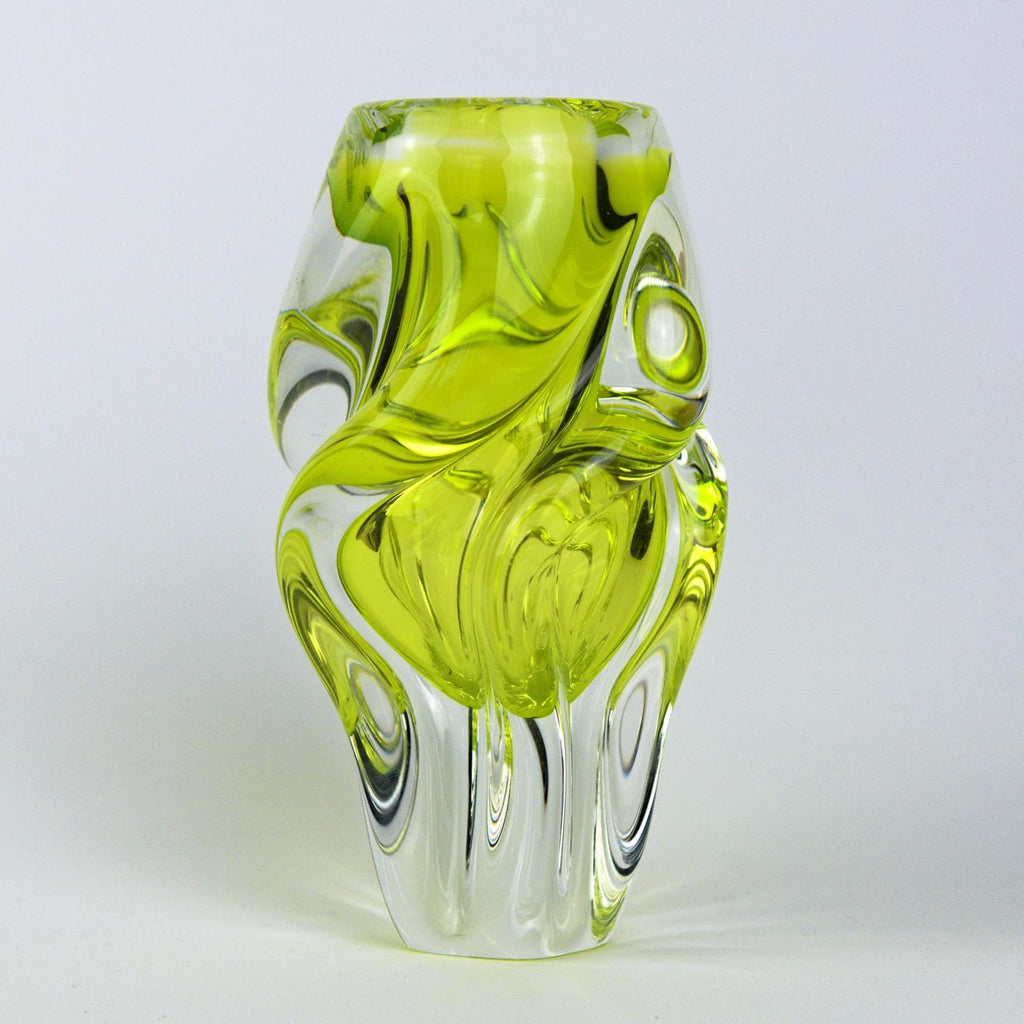 Josef Hospodka Chřibská Art Glass Vase, Uranium Yellow Green, Czech Sommerso, 1960s