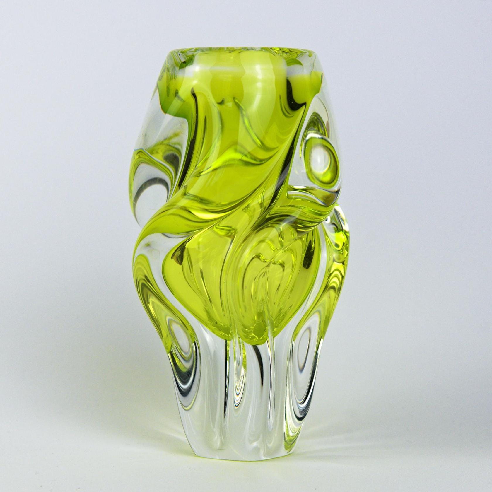 Josef Hospodka Chřibská Art Glass Vase, Uranium Yellow Green, Czech Sommerso, 1960s