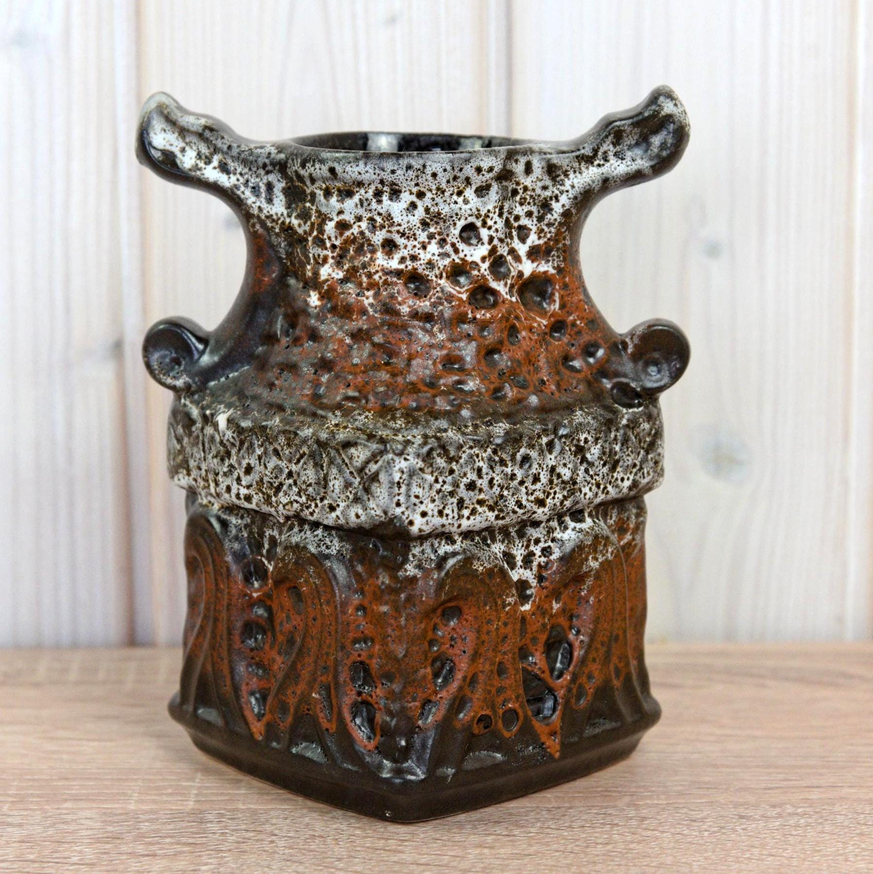 Bay Keramik Viking 79-17 Vase West Germany, Mid Century Fat Lava Pottery, Sculptural Handle Ceramic Vase