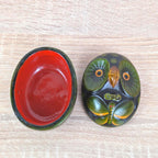 Ceramic Owl Trinket Box with Lid, Black Green Folk Art, Red Interior, Hand Painted, Latin American Pottery, 1970s