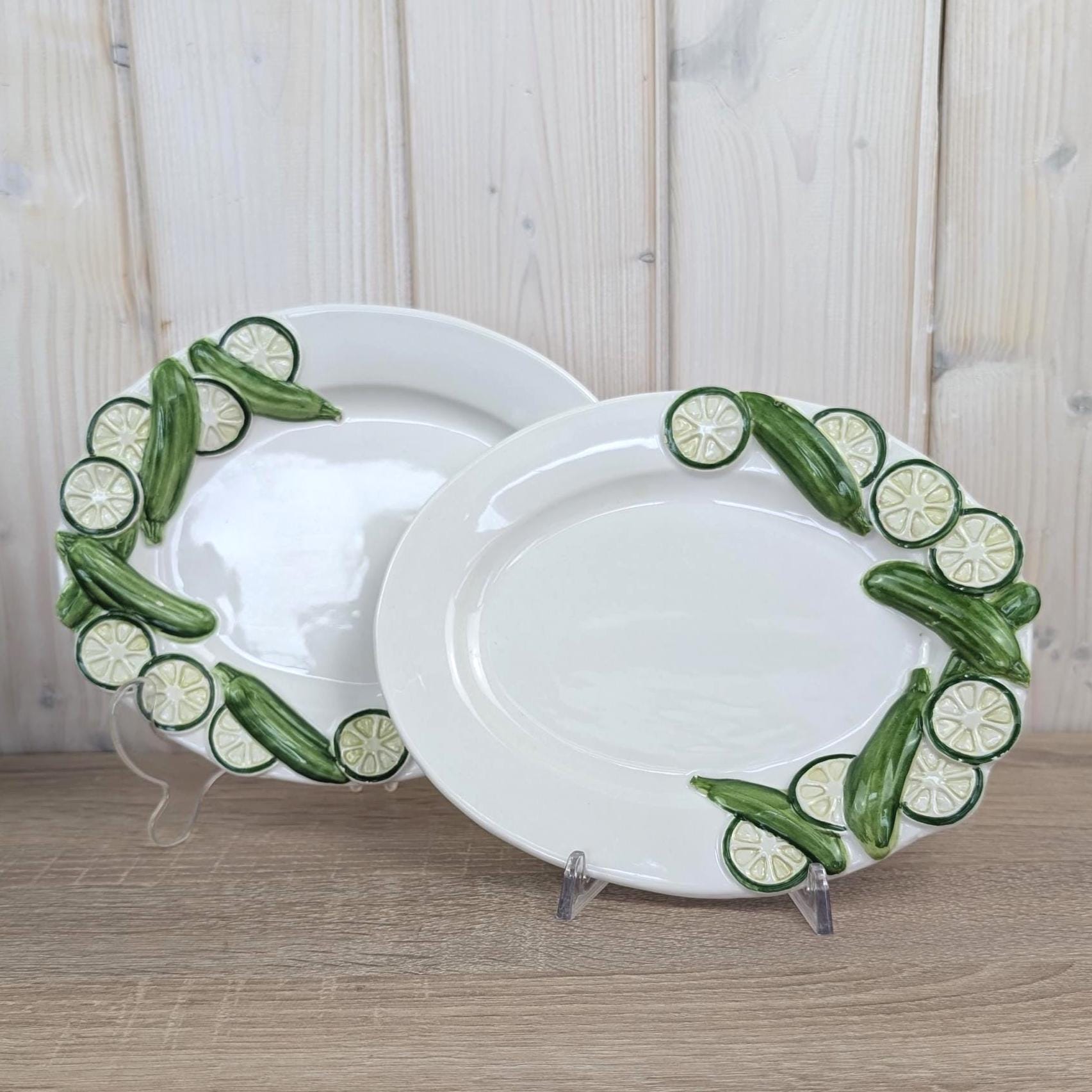 Vintage Italian Ceramic Plates Bassano Italy 1970s, Oval Majolica Serving Plates 3D Zucchini Relief Border, EW774 Trompe l'Oeil